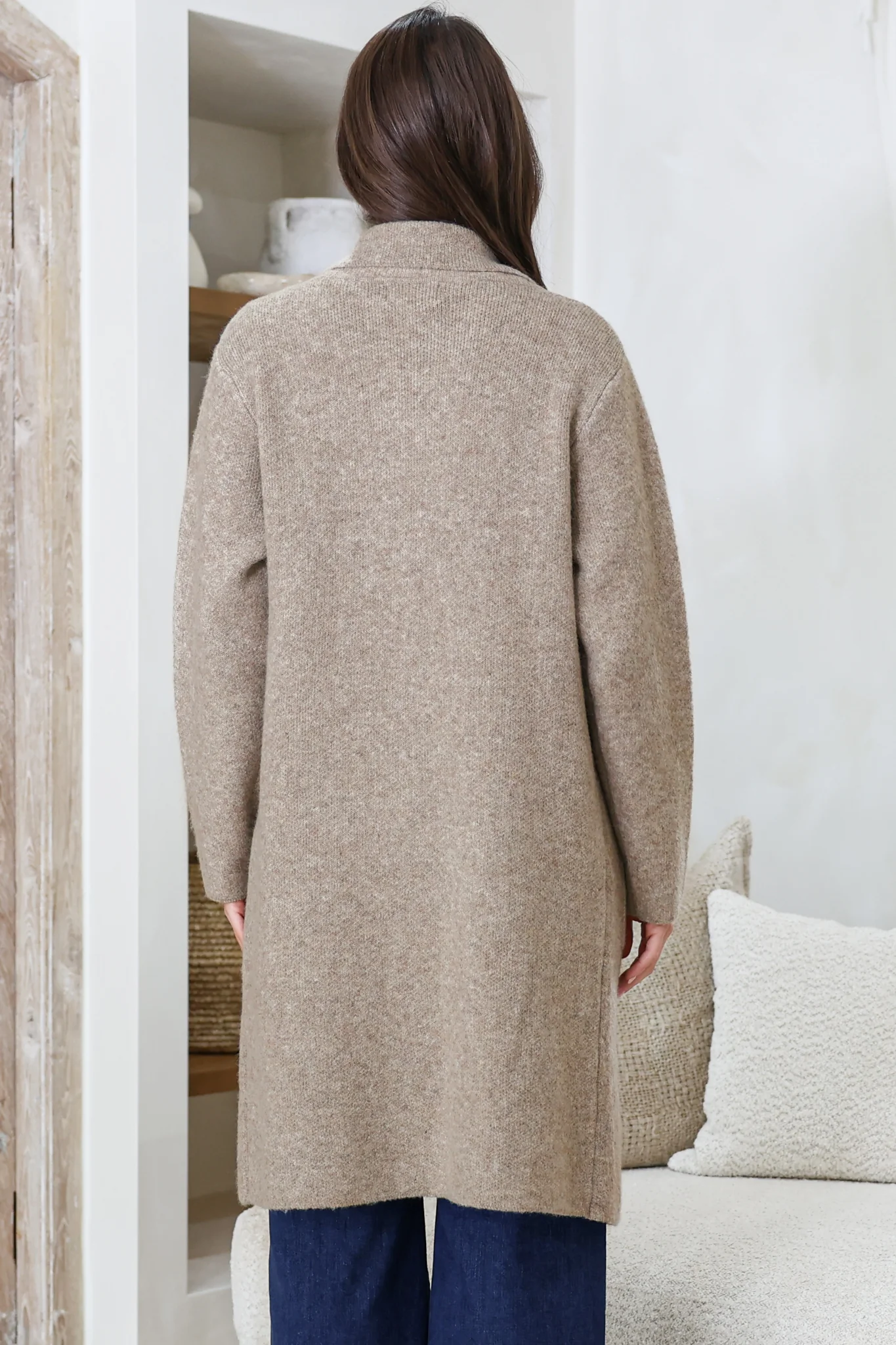 Samson Cardigan - Folded Lapel Collar Coatigan with Pockets in Taupe - Image 6
