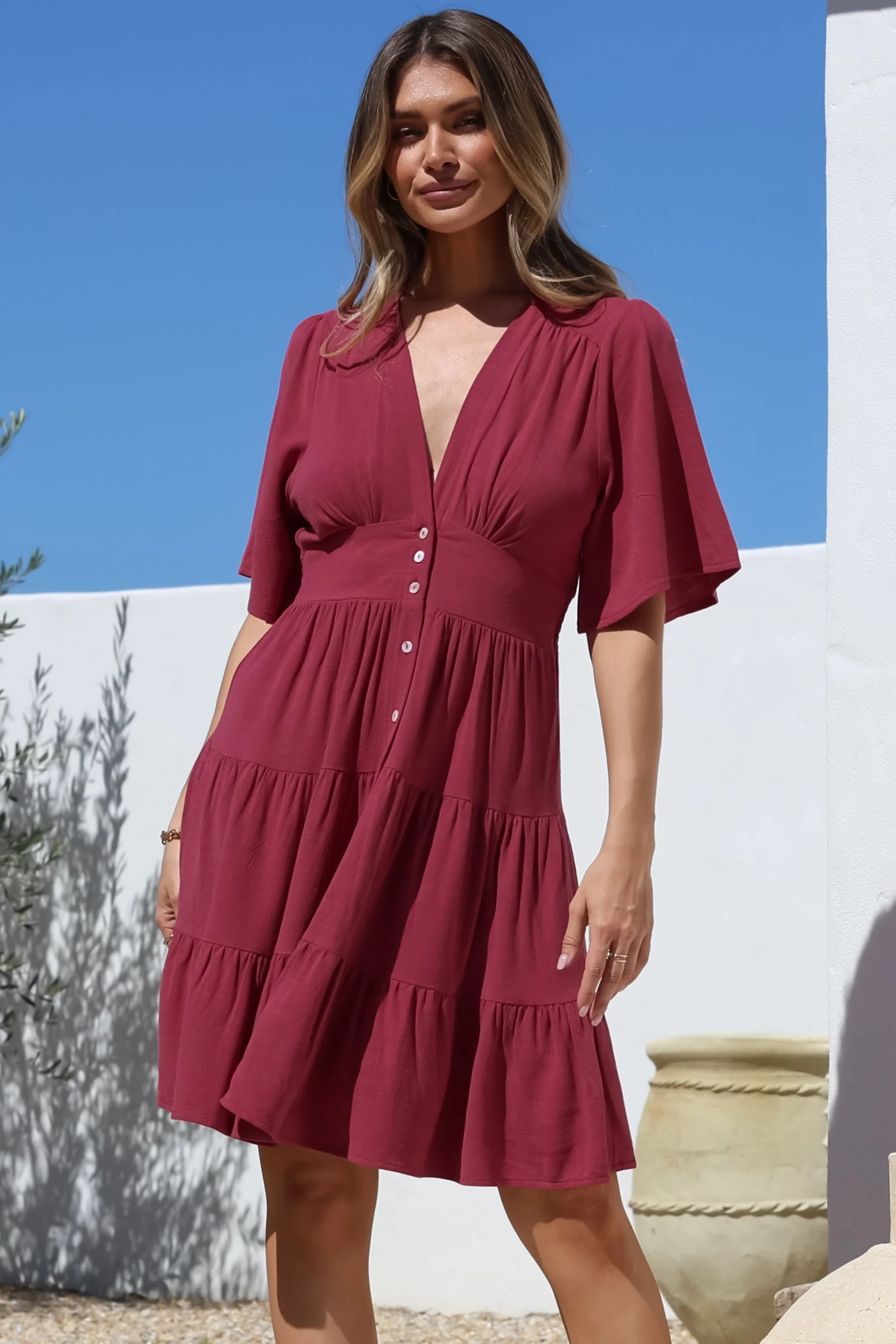 Sana Mini Dress - Bell Sleeve Button Down V Neck Dress in Berry - Image 11