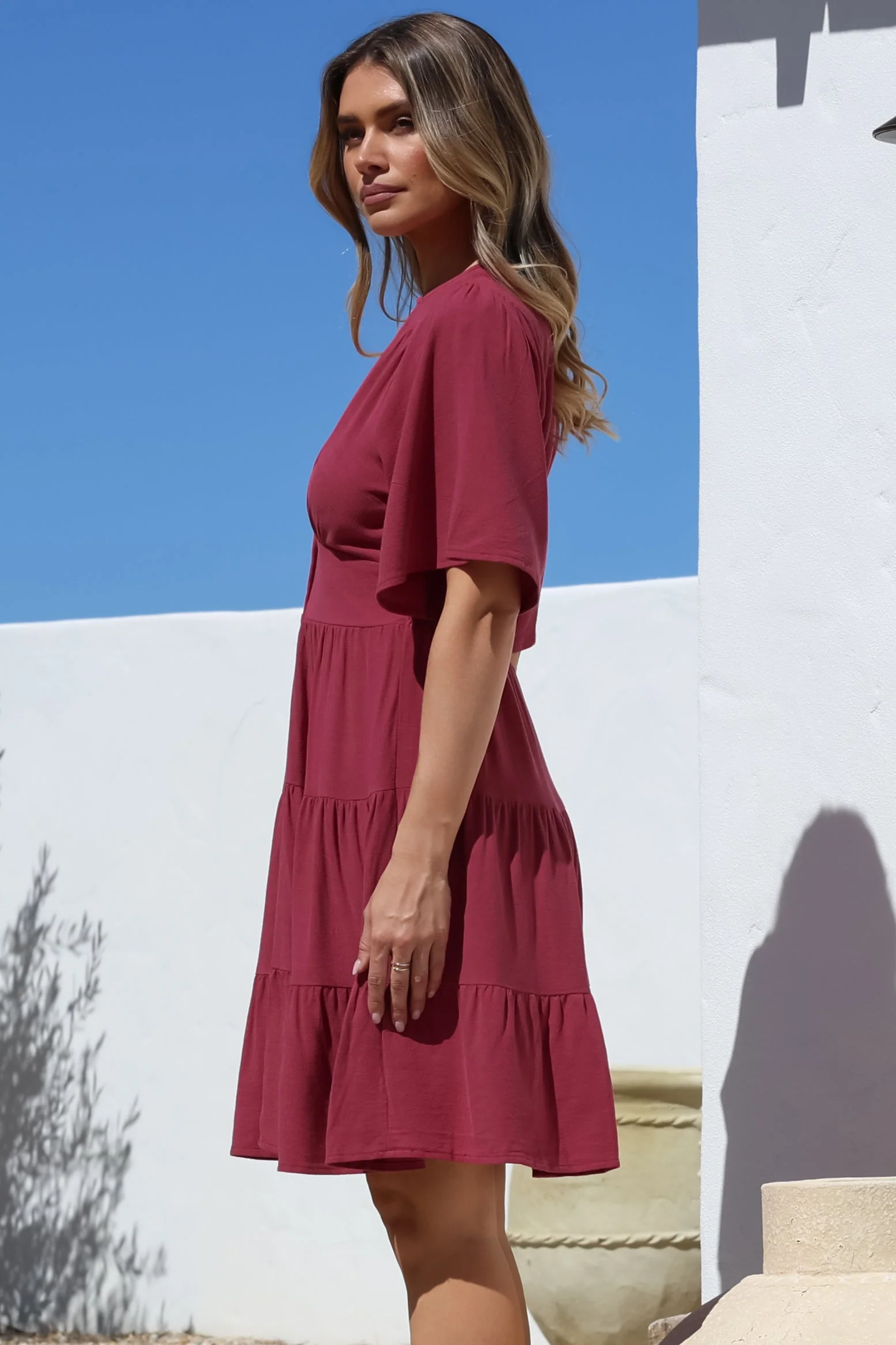 Sana Mini Dress - Bell Sleeve Button Down V Neck Dress in Berry - Image 12