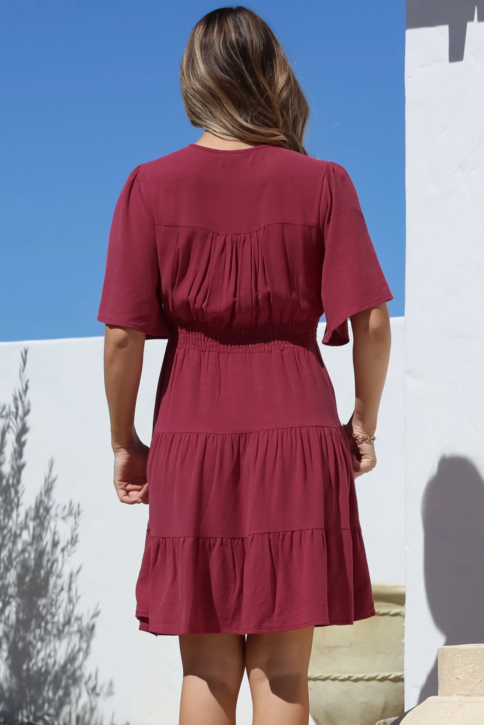 Sana Mini Dress - Bell Sleeve Button Down V Neck Dress in Berry - Image 13