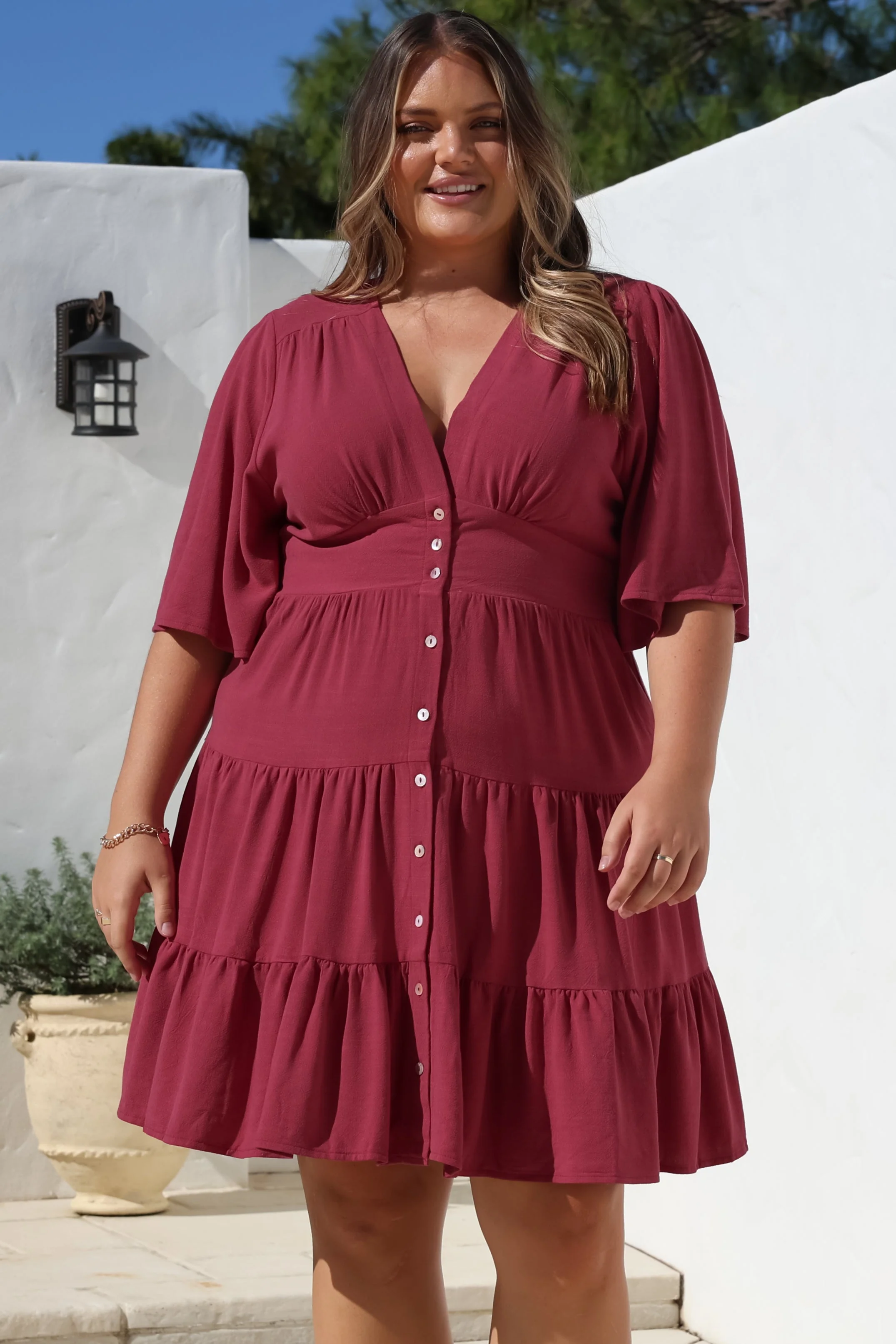 Sana Mini Dress - Bell Sleeve Button Down V Neck Dress in Berry - Image 2
