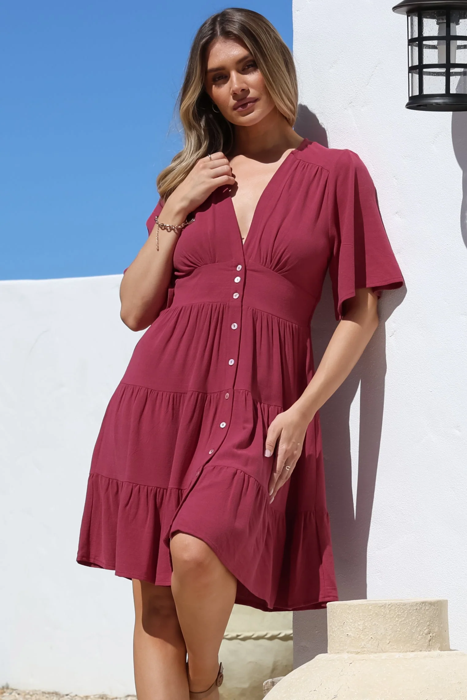 Sana Mini Dress - Bell Sleeve Button Down V Neck Dress in Berry - Image 3