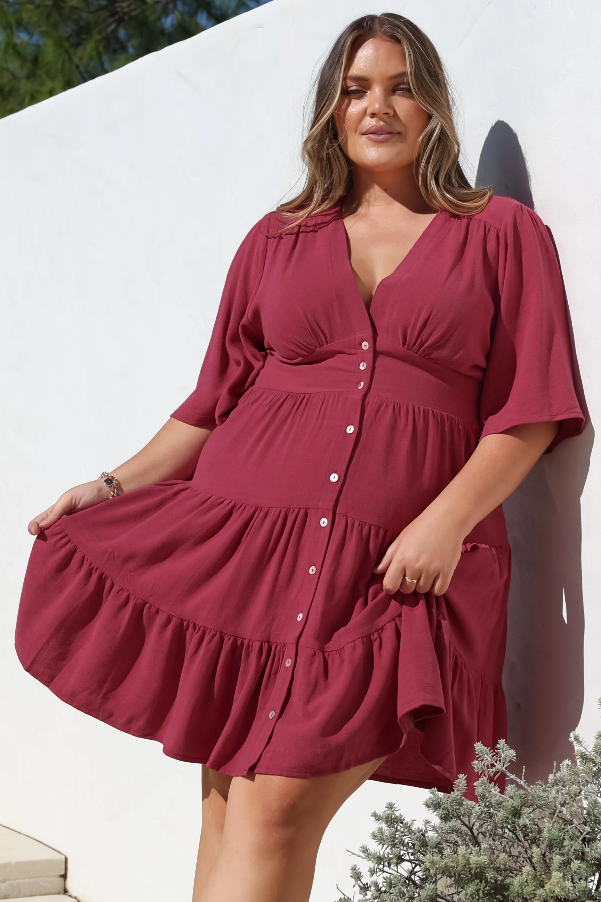 Sana Mini Dress - Bell Sleeve Button Down V Neck Dress in Berry - Image 4