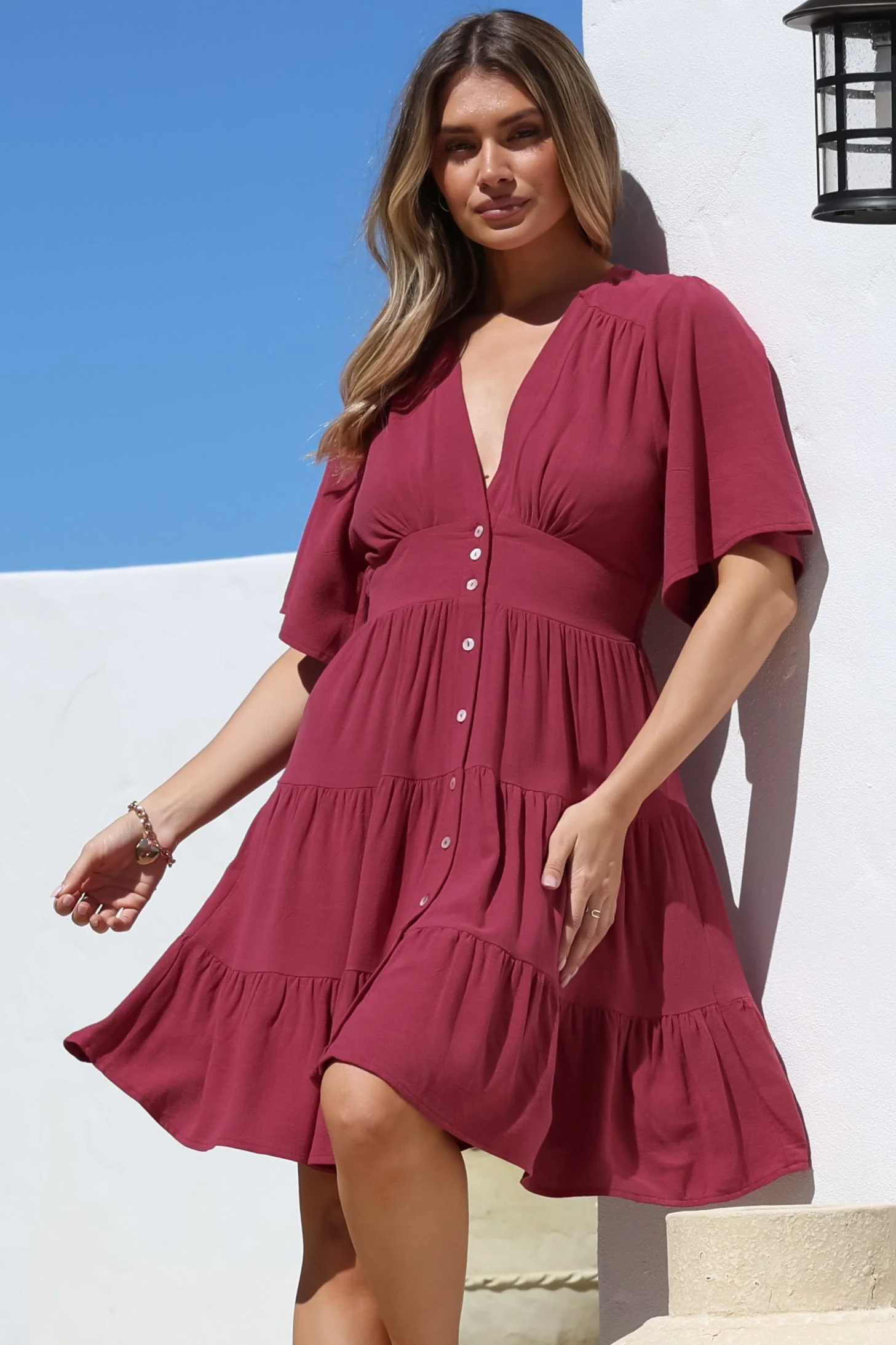 Sana Mini Dress - Bell Sleeve Button Down V Neck Dress in Berry - Image 5