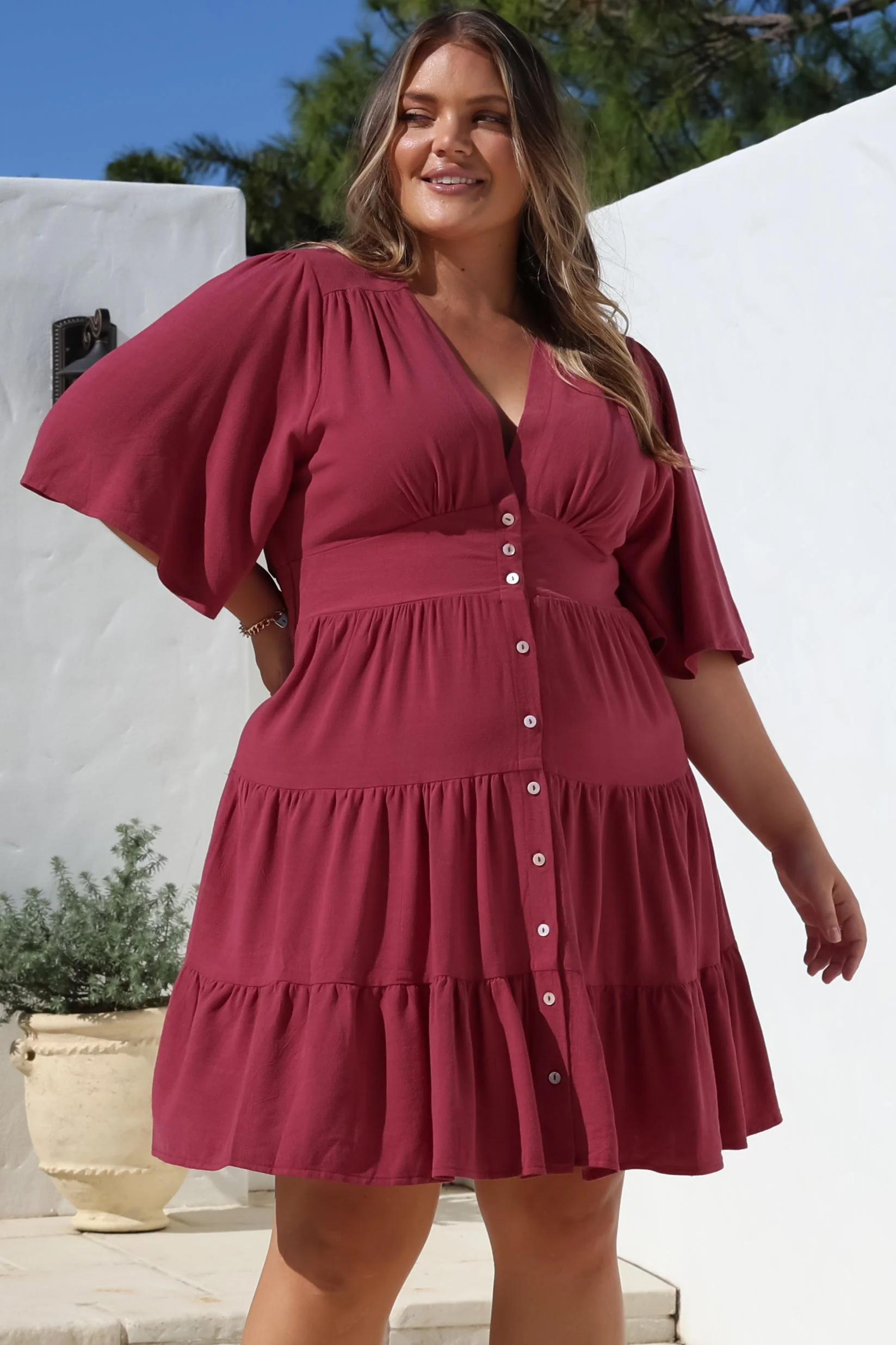 Sana Mini Dress - Bell Sleeve Button Down V Neck Dress in Berry - Image 6
