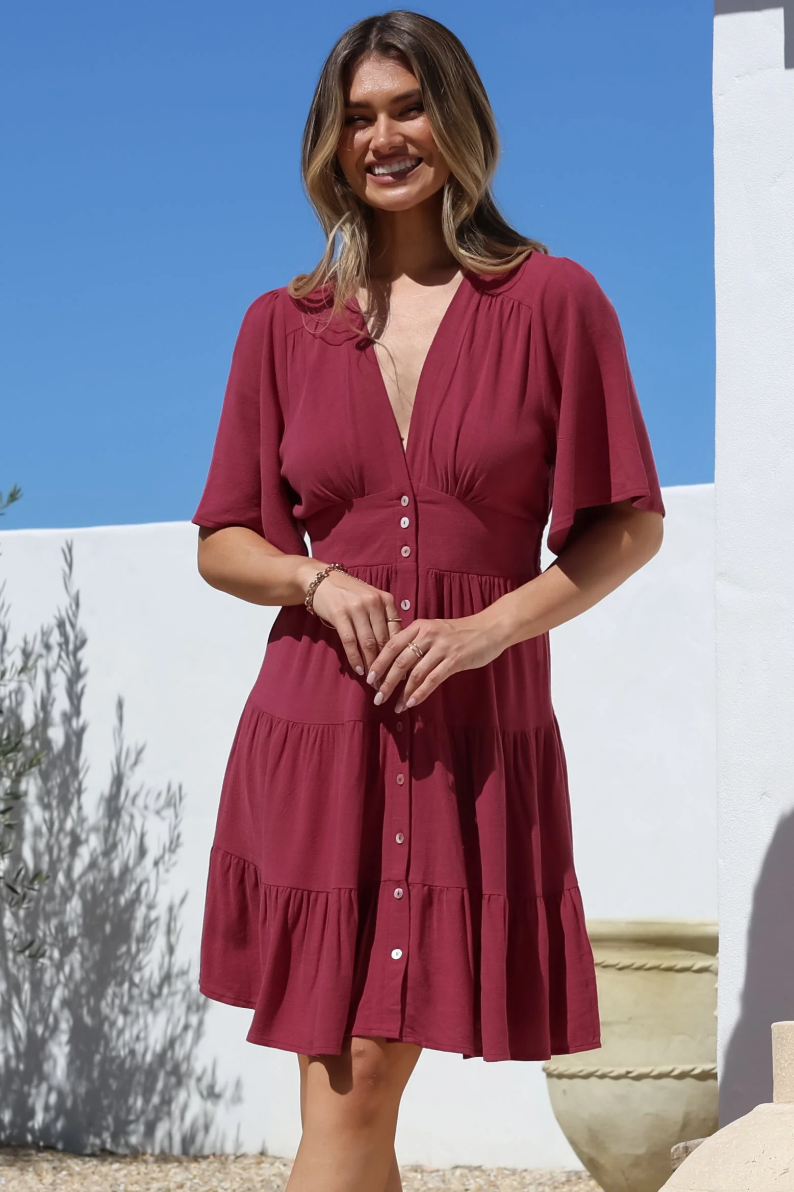 Sana Mini Dress - Bell Sleeve Button Down V Neck Dress in Berry - Image 7