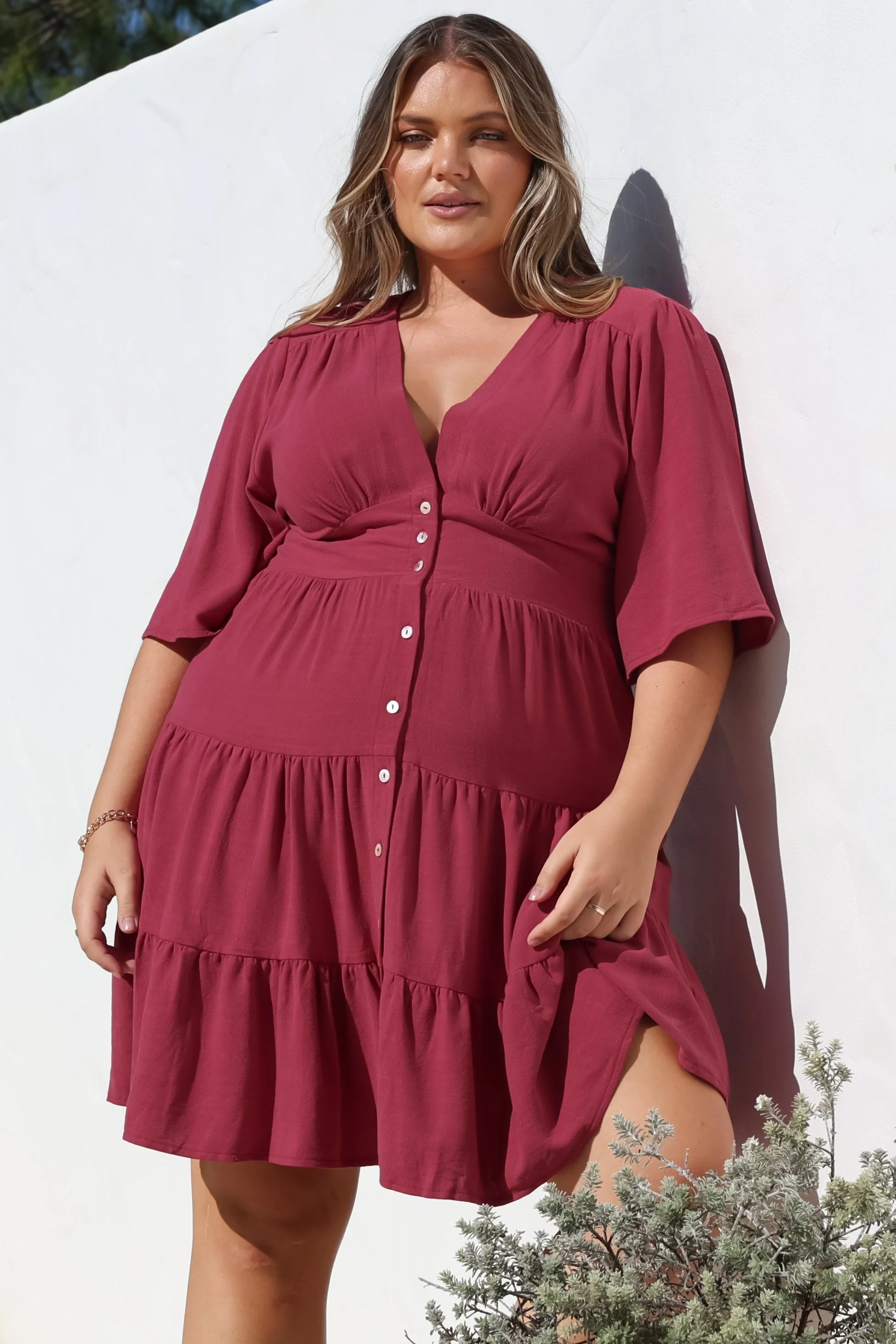 Sana Mini Dress - Bell Sleeve Button Down V Neck Dress in Berry - Image 8