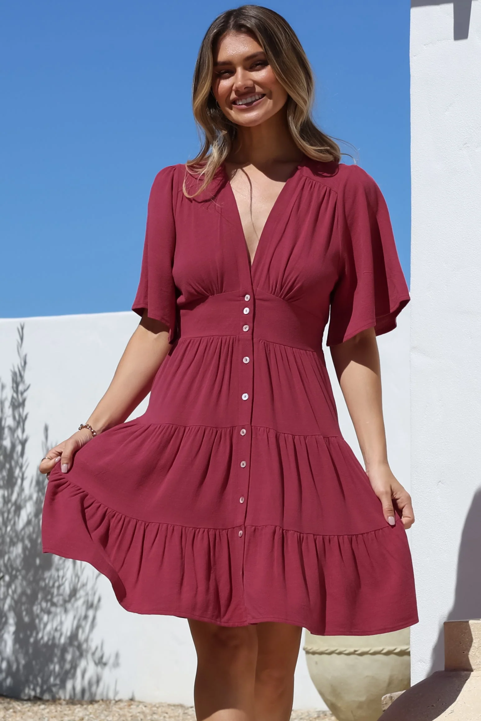 Sana Mini Dress - Bell Sleeve Button Down V Neck Dress in Berry - Image 9