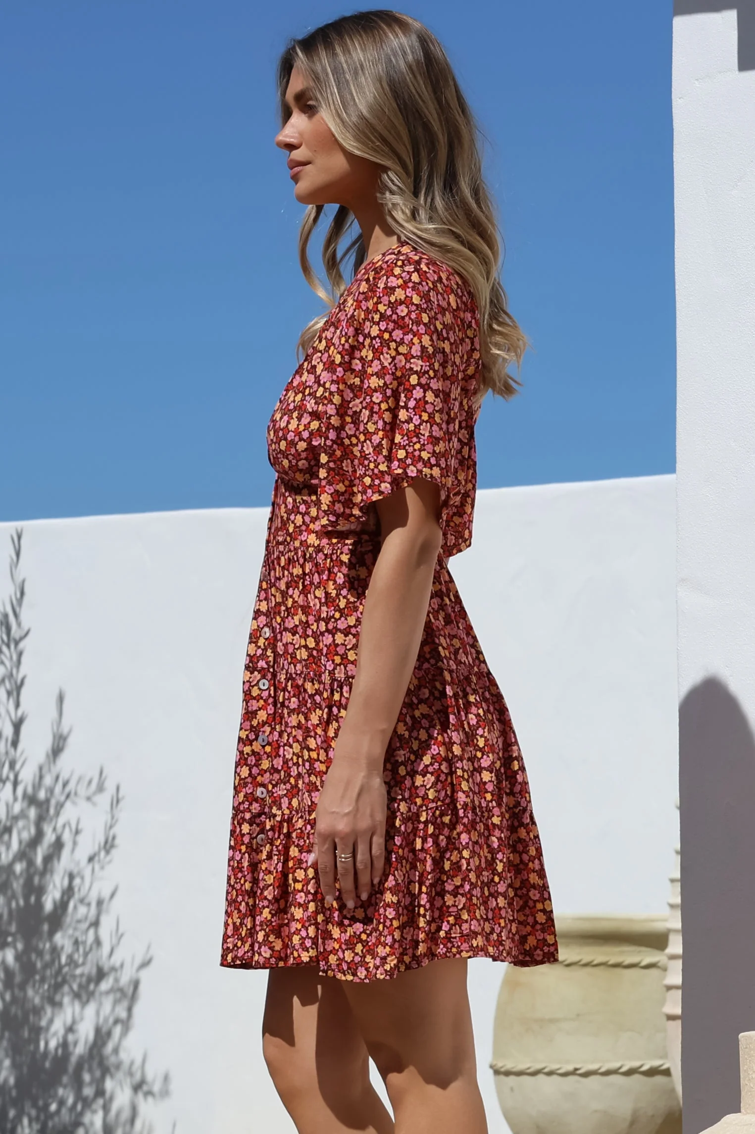 Sana Mini Dress - Bell Sleeve Button Down V Neck Dress in Rosina Print - Image 10