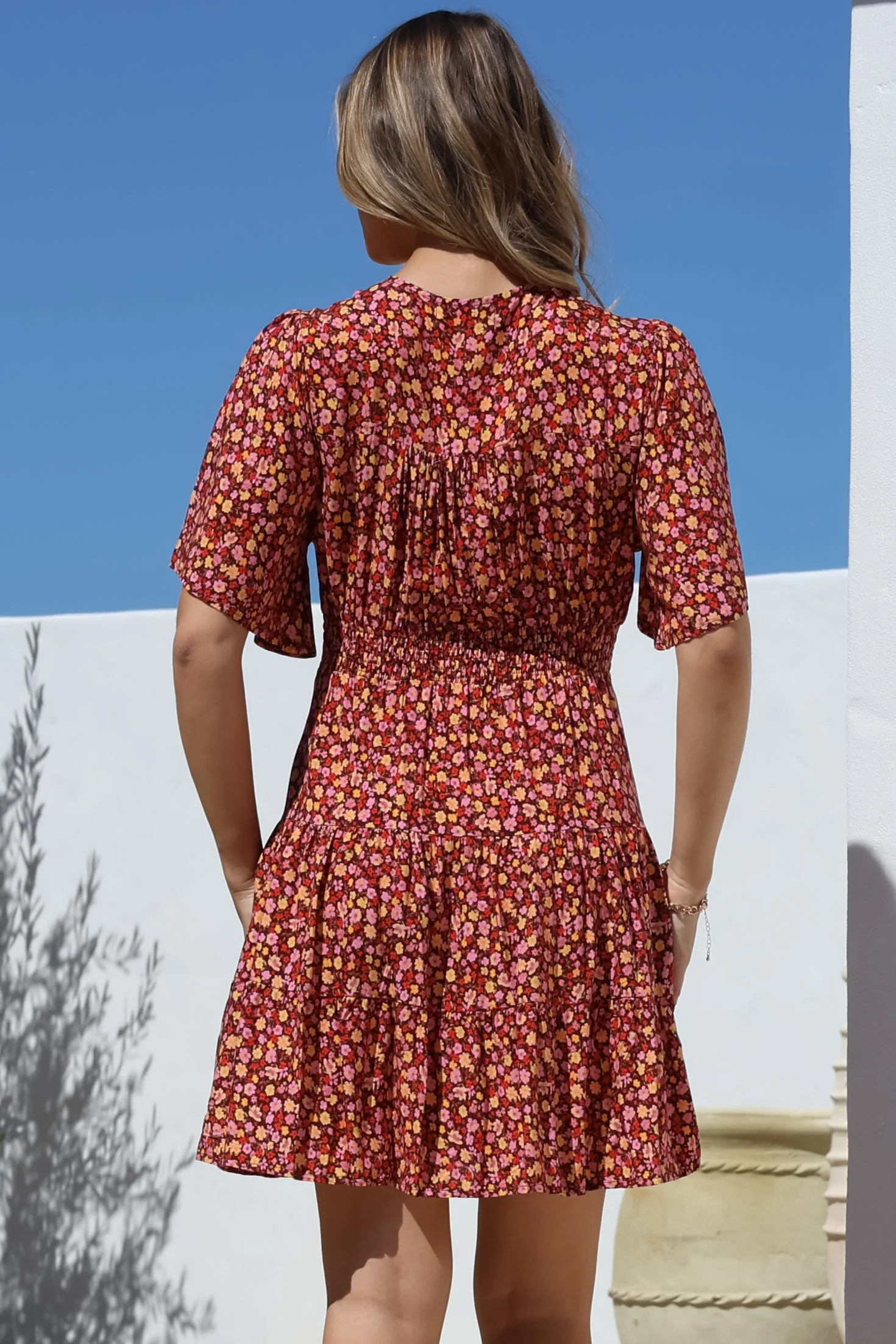 Sana Mini Dress - Bell Sleeve Button Down V Neck Dress in Rosina Print - Image 11