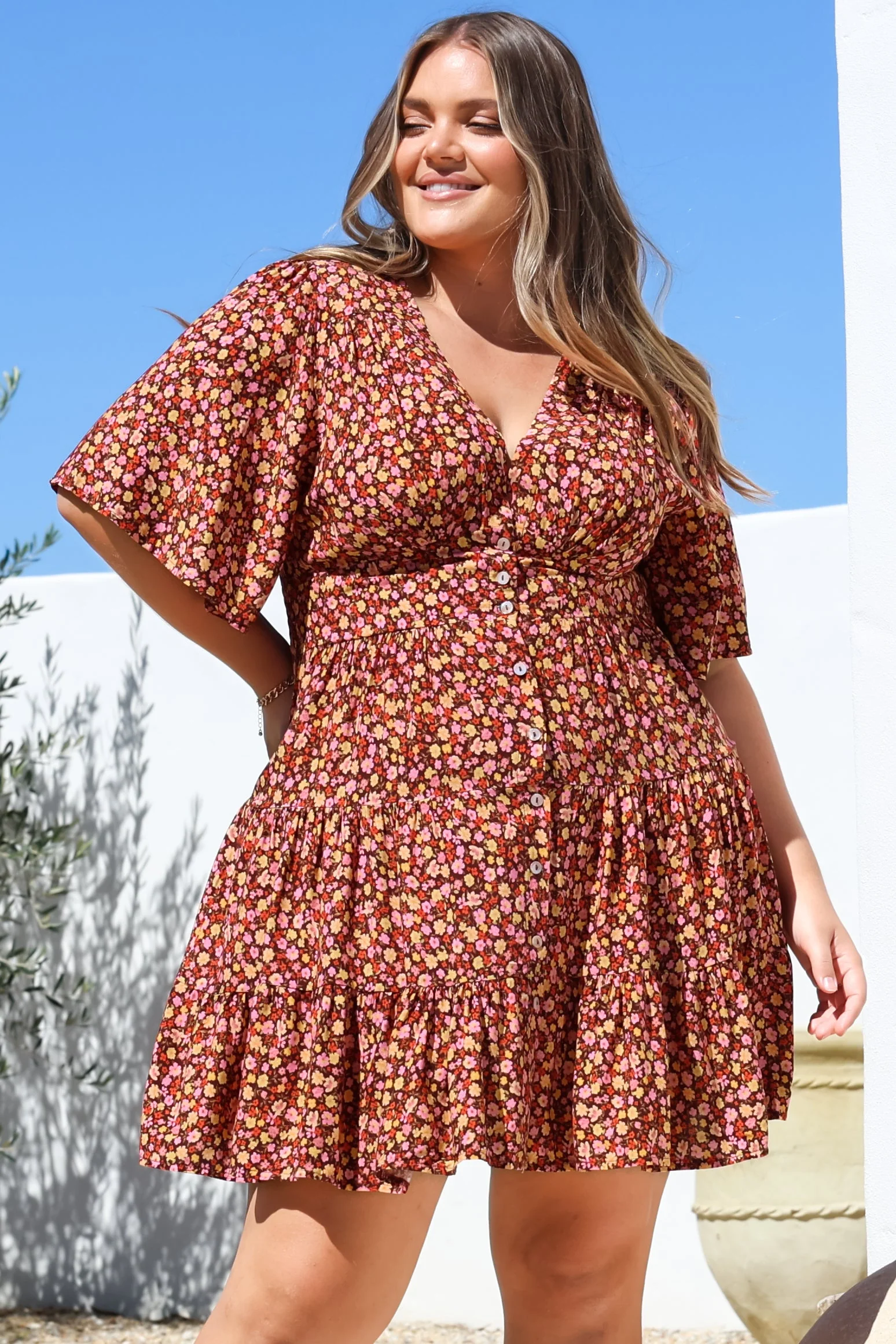 Sana Mini Dress - Bell Sleeve Button Down V Neck Dress in Rosina Print - Image 2