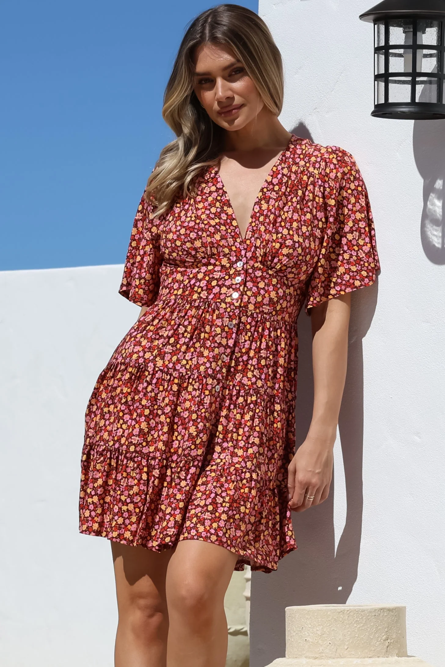 Sana Mini Dress - Bell Sleeve Button Down V Neck Dress in Rosina Print - Image 3