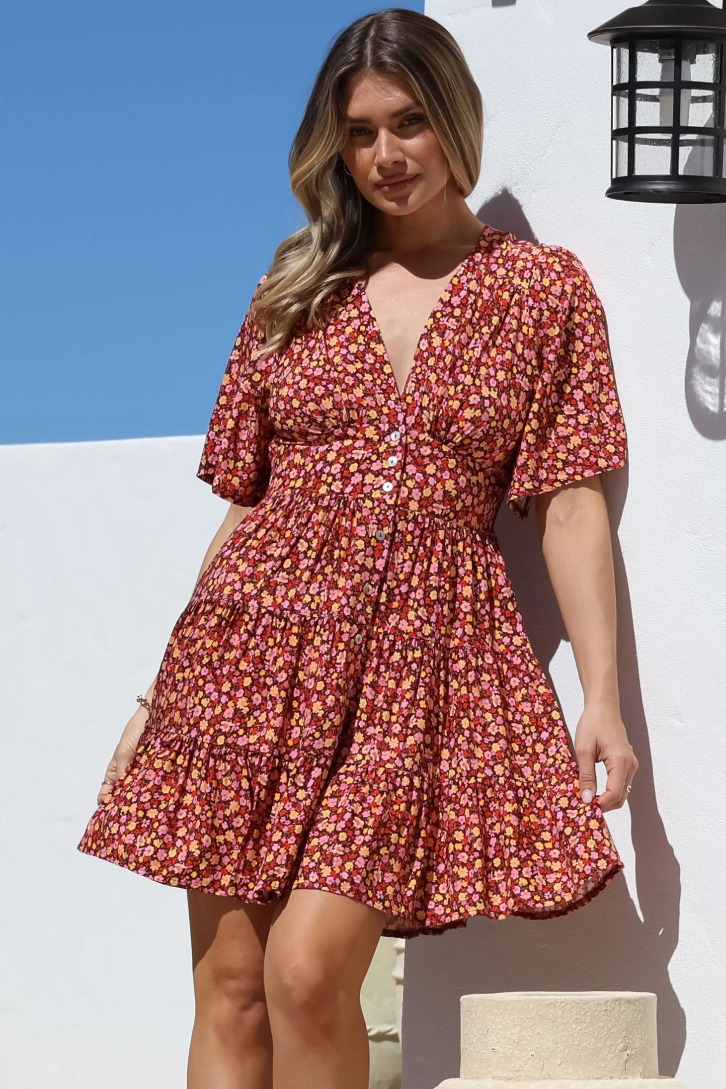 Sana Mini Dress - Bell Sleeve Button Down V Neck Dress in Rosina Print - Image 4
