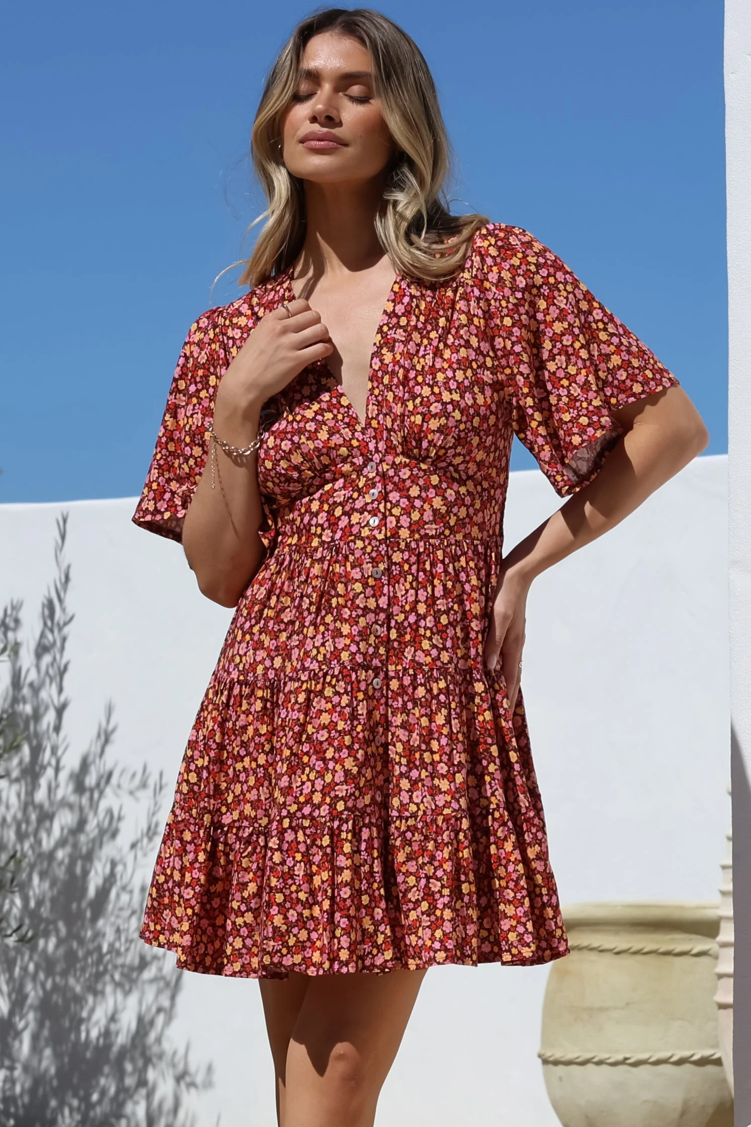 Sana Mini Dress - Bell Sleeve Button Down V Neck Dress in Rosina Print - Image 6
