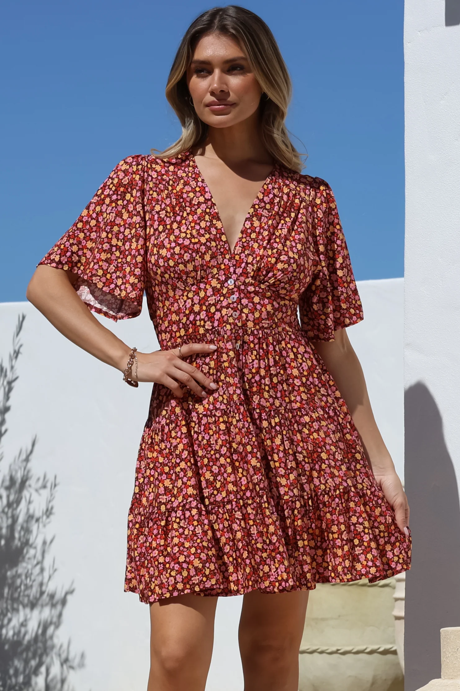 Sana Mini Dress - Bell Sleeve Button Down V Neck Dress in Rosina Print - Image 8