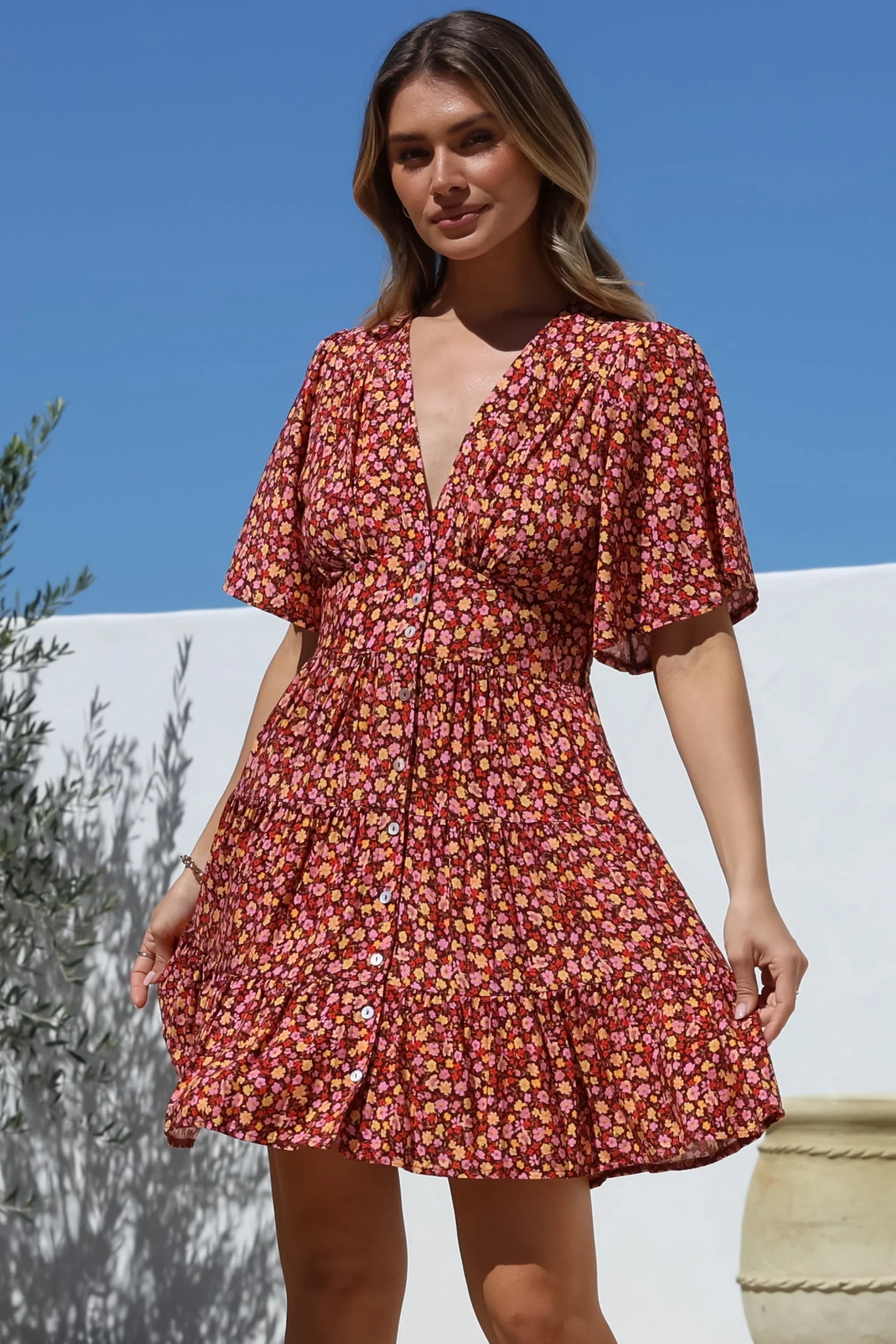 Sana Mini Dress - Bell Sleeve Button Down V Neck Dress in Rosina Print - Image 9