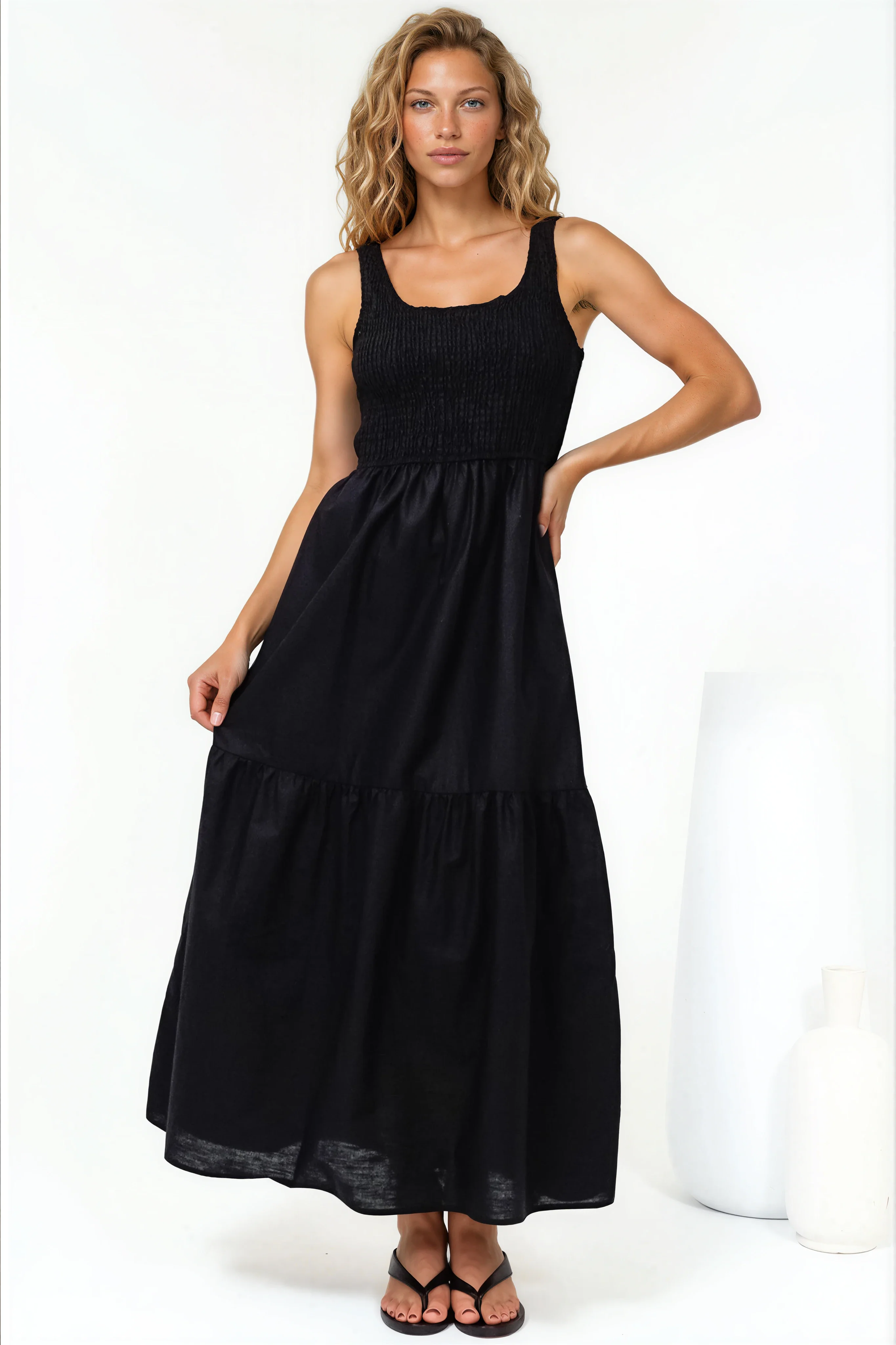 Sarlita Midi Dress - Shirred Bodice Sleeveless Tiered Dress with Pockets in Black