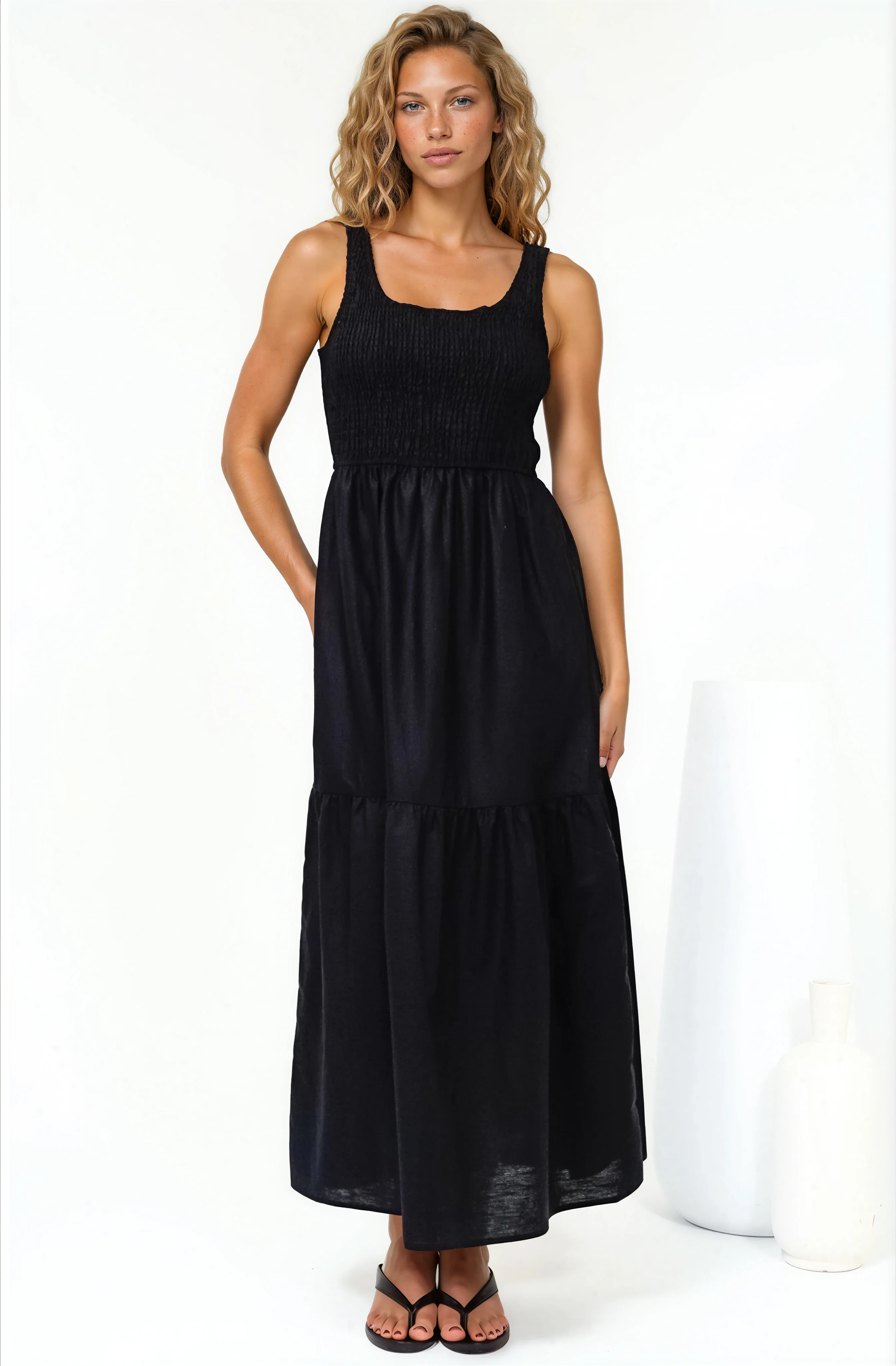 Sarlita Midi Dress - Shirred Bodice Sleeveless Tiered Dress with Pockets in Black - Image 2