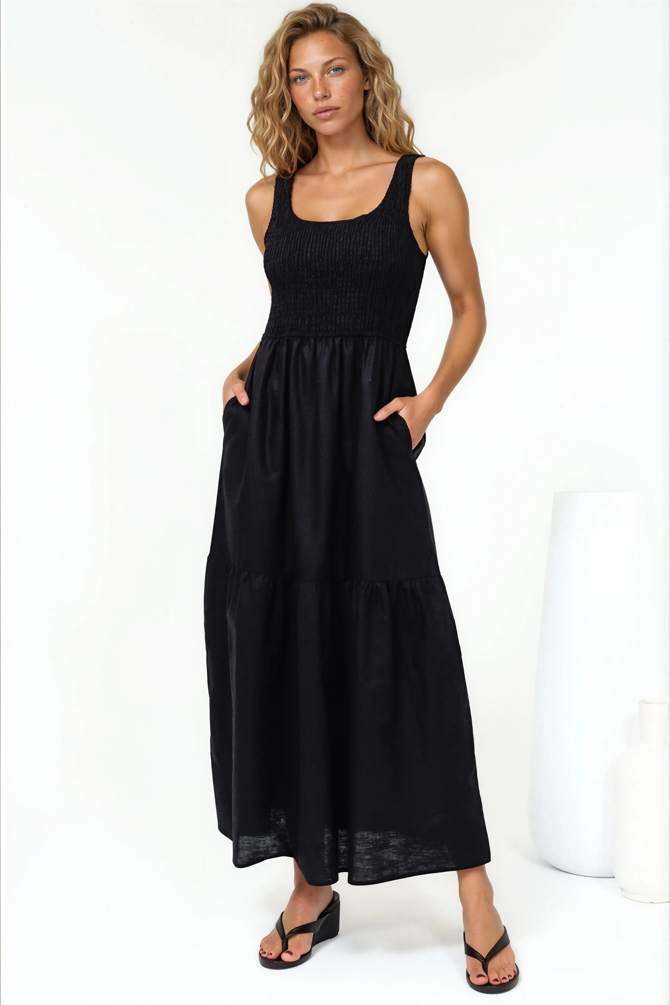Sarlita Midi Dress - Shirred Bodice Sleeveless Tiered Dress with Pockets in Black - Image 3