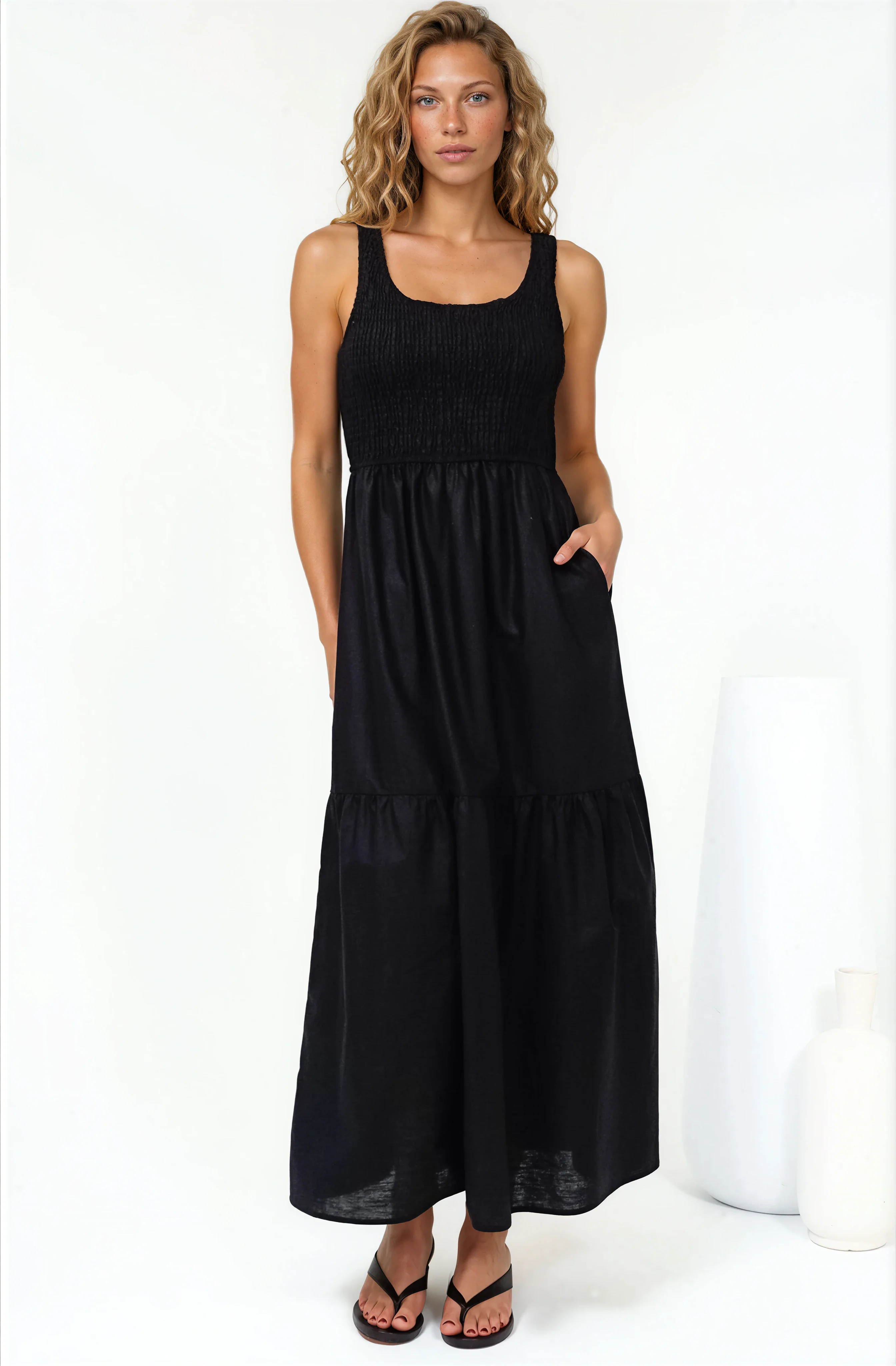 Sarlita Midi Dress - Shirred Bodice Sleeveless Tiered Dress with Pockets in Black - Image 4