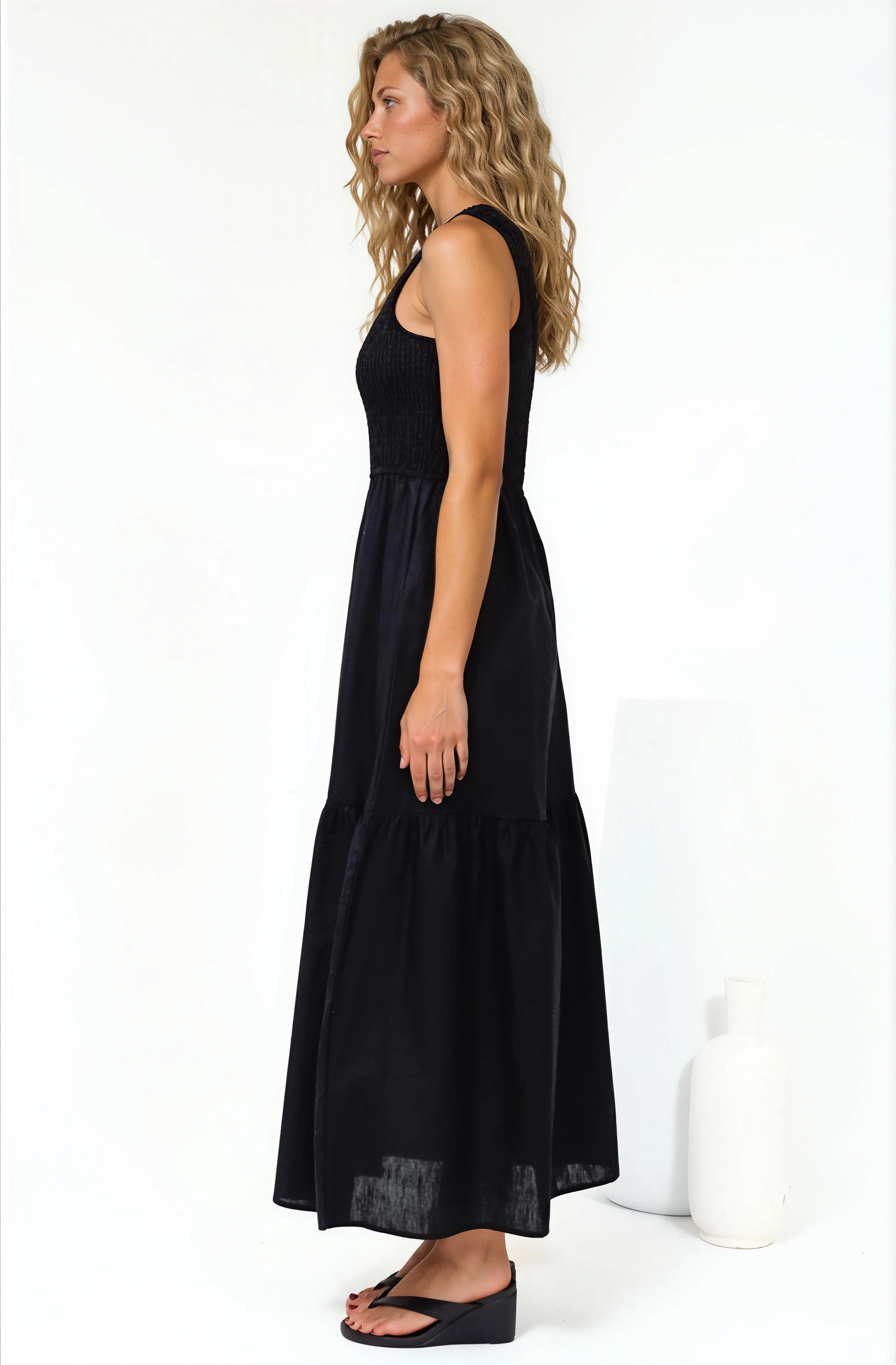 Sarlita Midi Dress - Shirred Bodice Sleeveless Tiered Dress with Pockets in Black - Image 5
