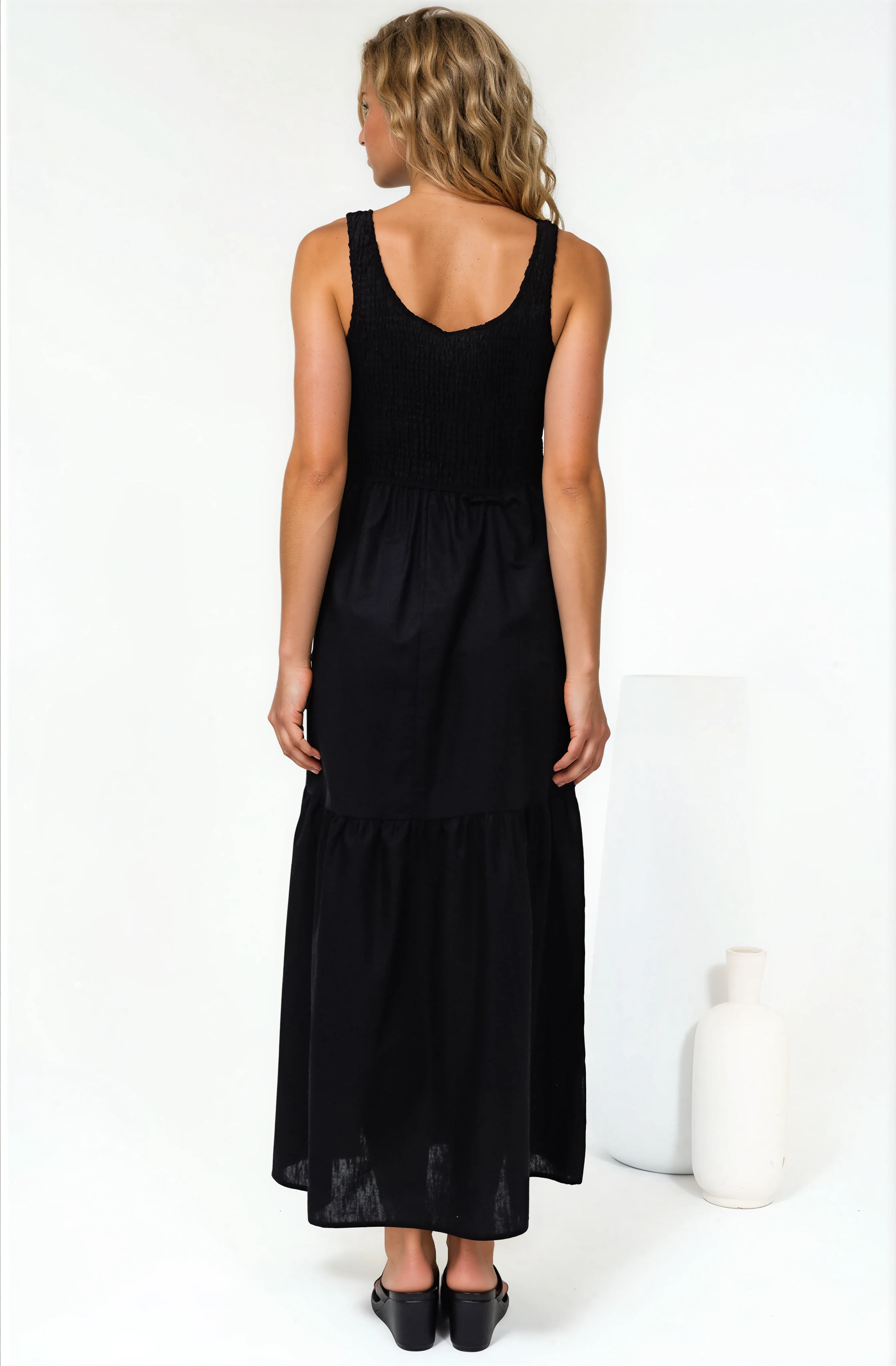 Sarlita Midi Dress - Shirred Bodice Sleeveless Tiered Dress with Pockets in Black - Image 6