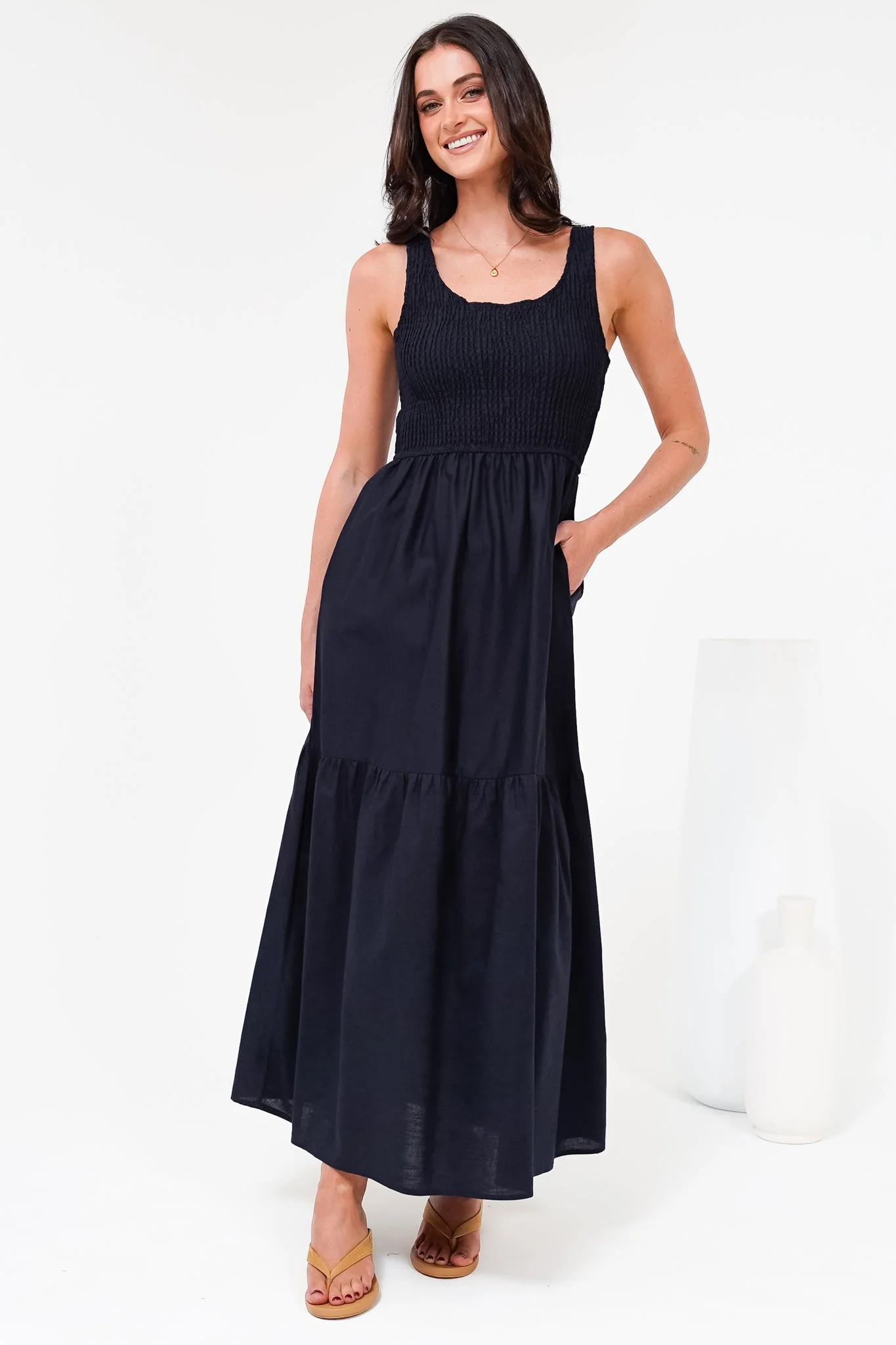 Sarlita Midi Dress - Shirred Bodice Sleeveless Tiered Dress with Pockets in Navy - Image 3