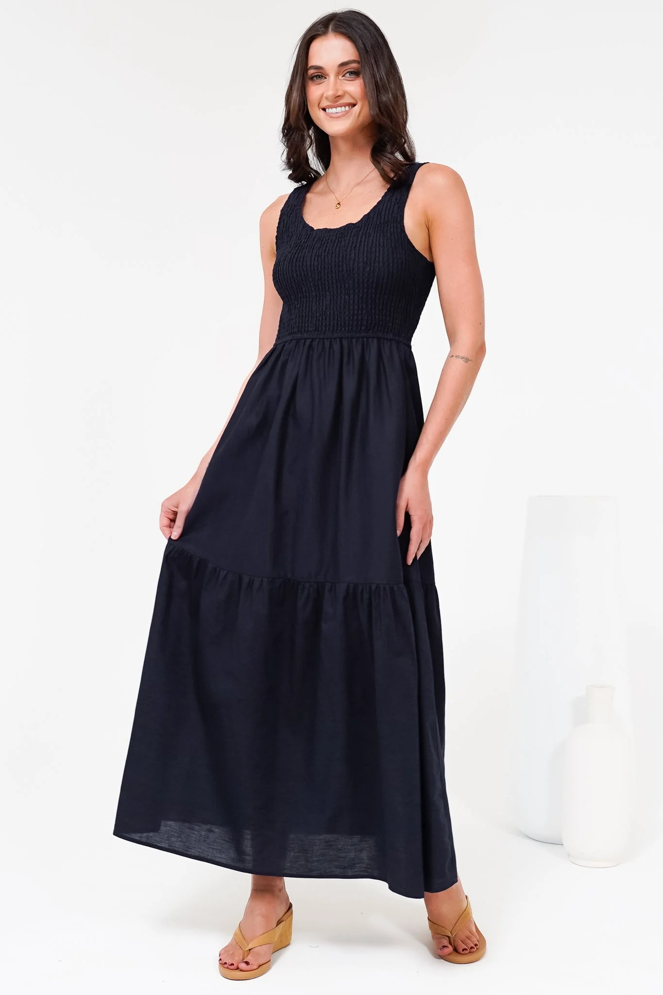 Sarlita Midi Dress - Shirred Bodice Sleeveless Tiered Dress with Pockets in Navy - Image 4