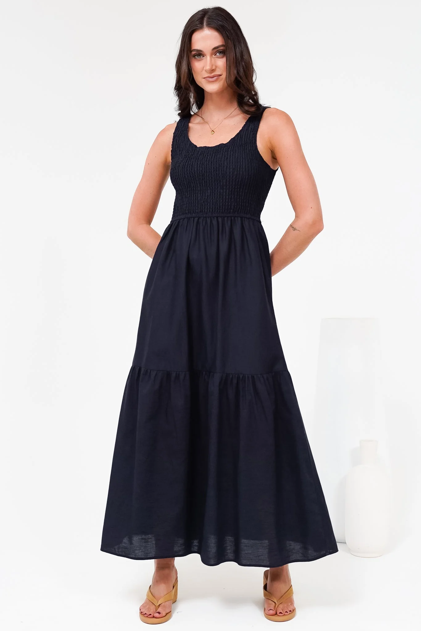 Sarlita Midi Dress - Shirred Bodice Sleeveless Tiered Dress with Pockets in Navy - Image 6