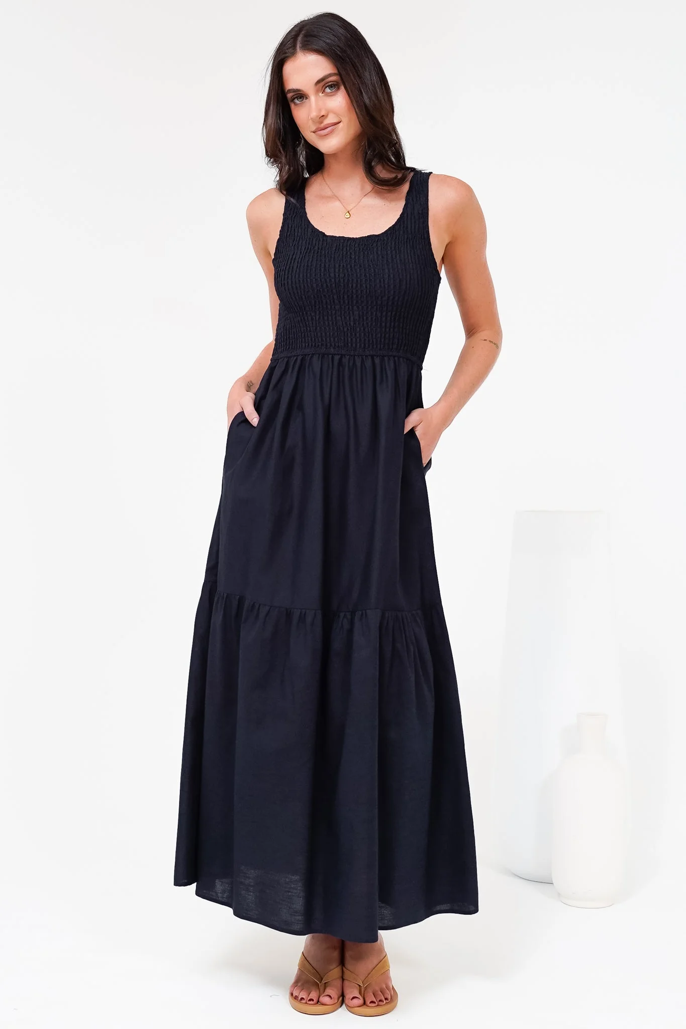 Sarlita Midi Dress - Shirred Bodice Sleeveless Tiered Dress with Pockets in Navy - Image 7