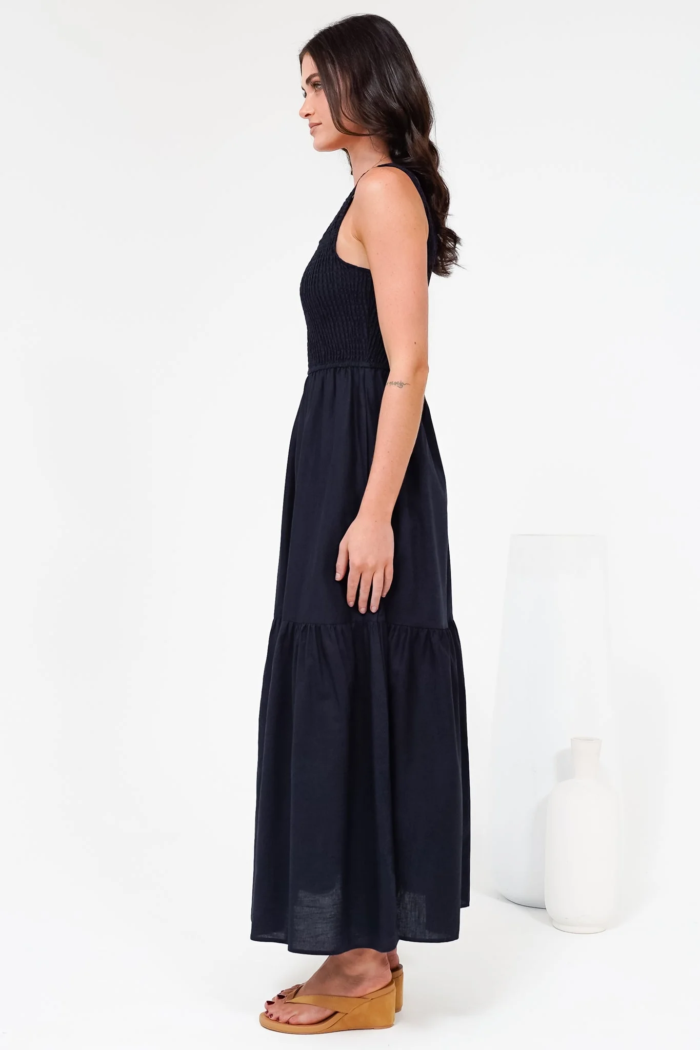 Sarlita Midi Dress - Shirred Bodice Sleeveless Tiered Dress with Pockets in Navy - Image 8
