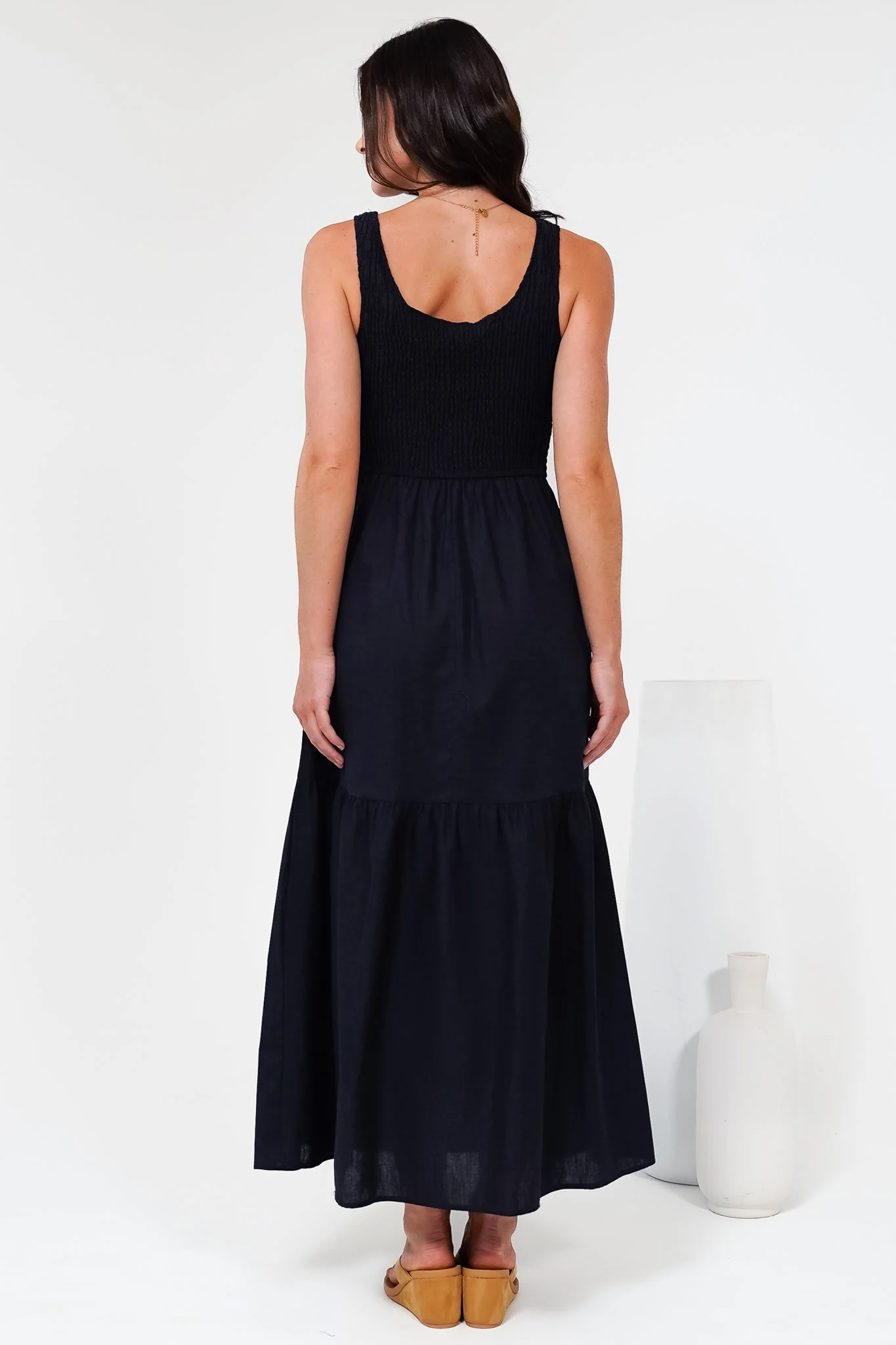 Sarlita Midi Dress - Shirred Bodice Sleeveless Tiered Dress with Pockets in Navy - Image 9