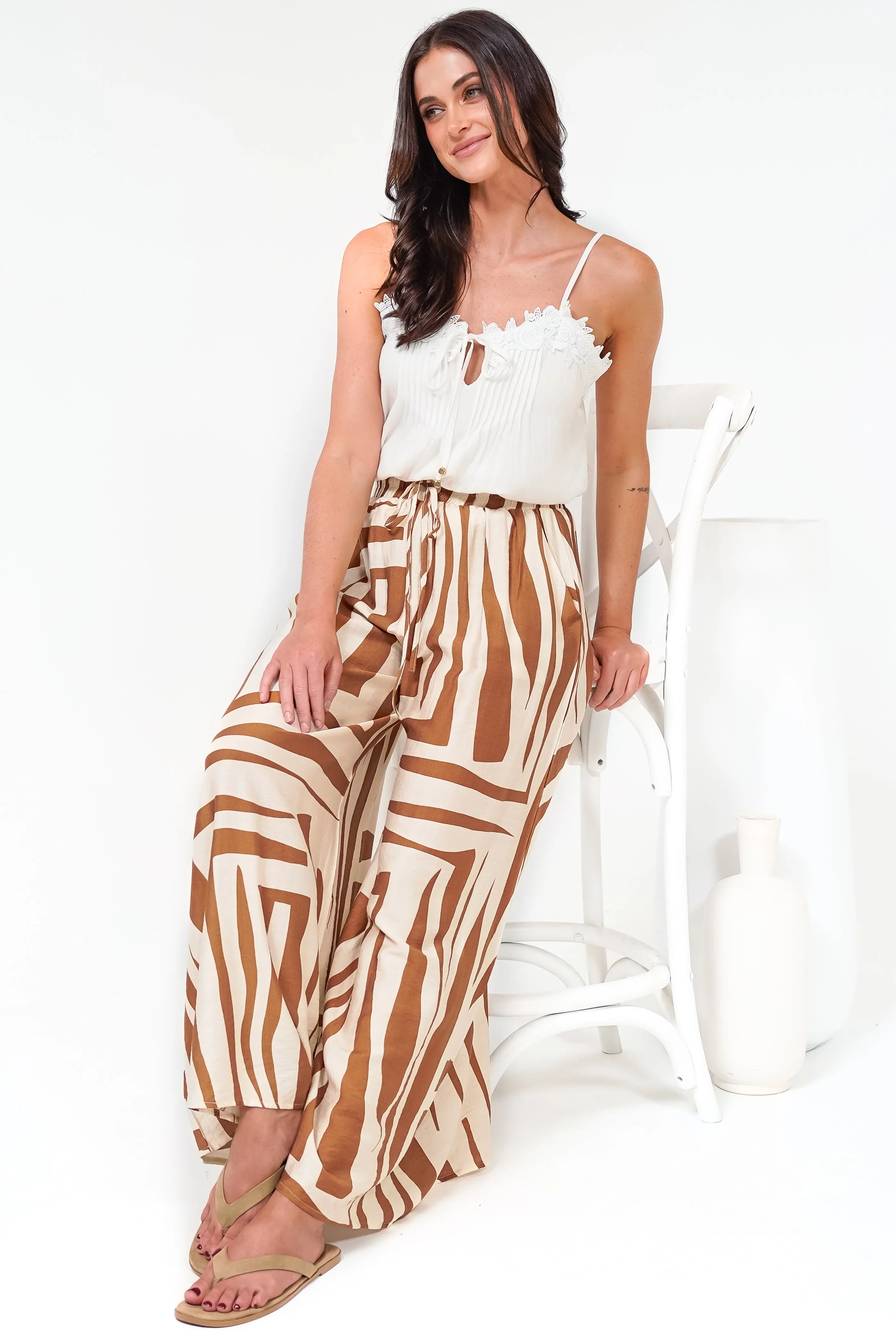 Saturday Pants - High Paperbag Waist Wide Leg Pants with Waist Tie in Tyla Print Tan - Image 2
