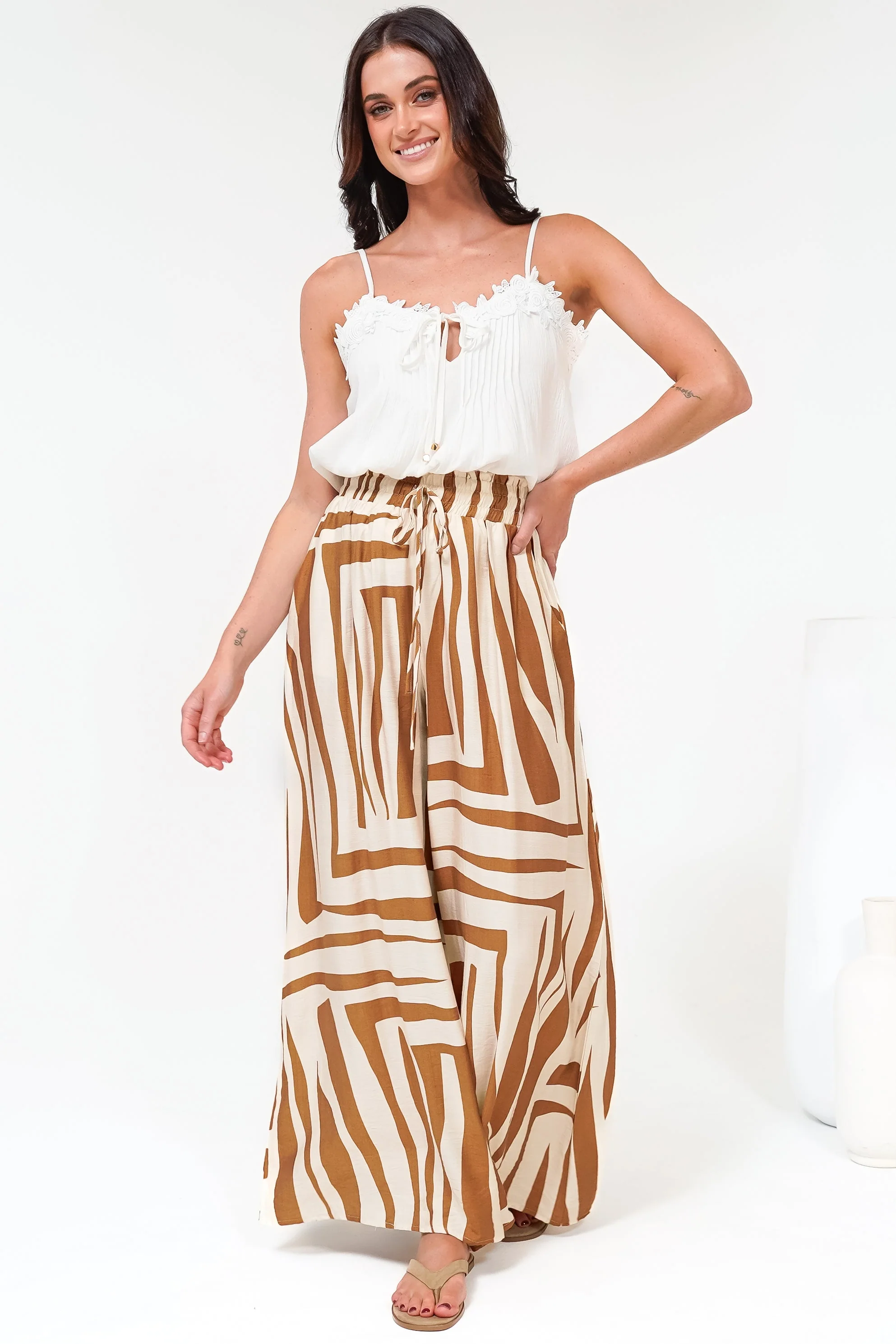 Saturday Pants - High Paperbag Waist Wide Leg Pants with Waist Tie in Tyla Print Tan - Image 3
