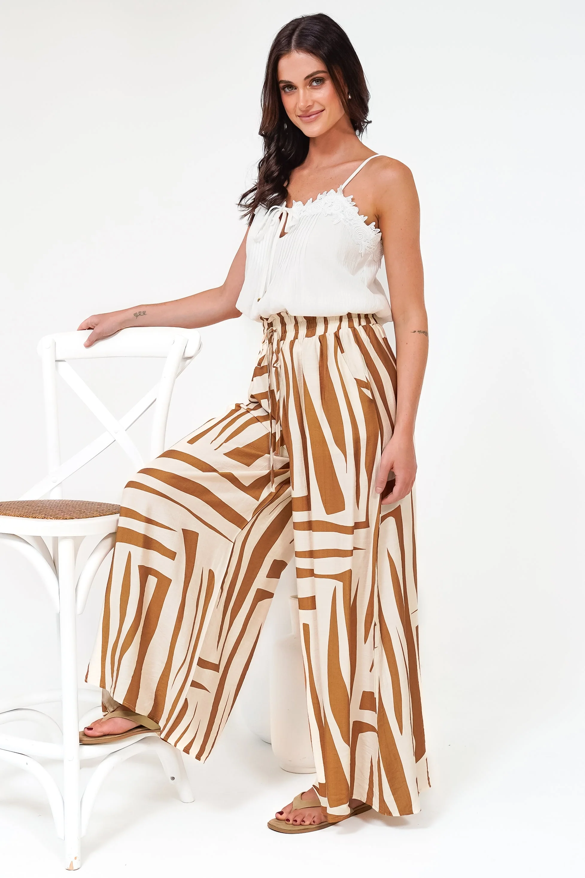 Saturday Pants - High Paperbag Waist Wide Leg Pants with Waist Tie in Tyla Print Tan - Image 4
