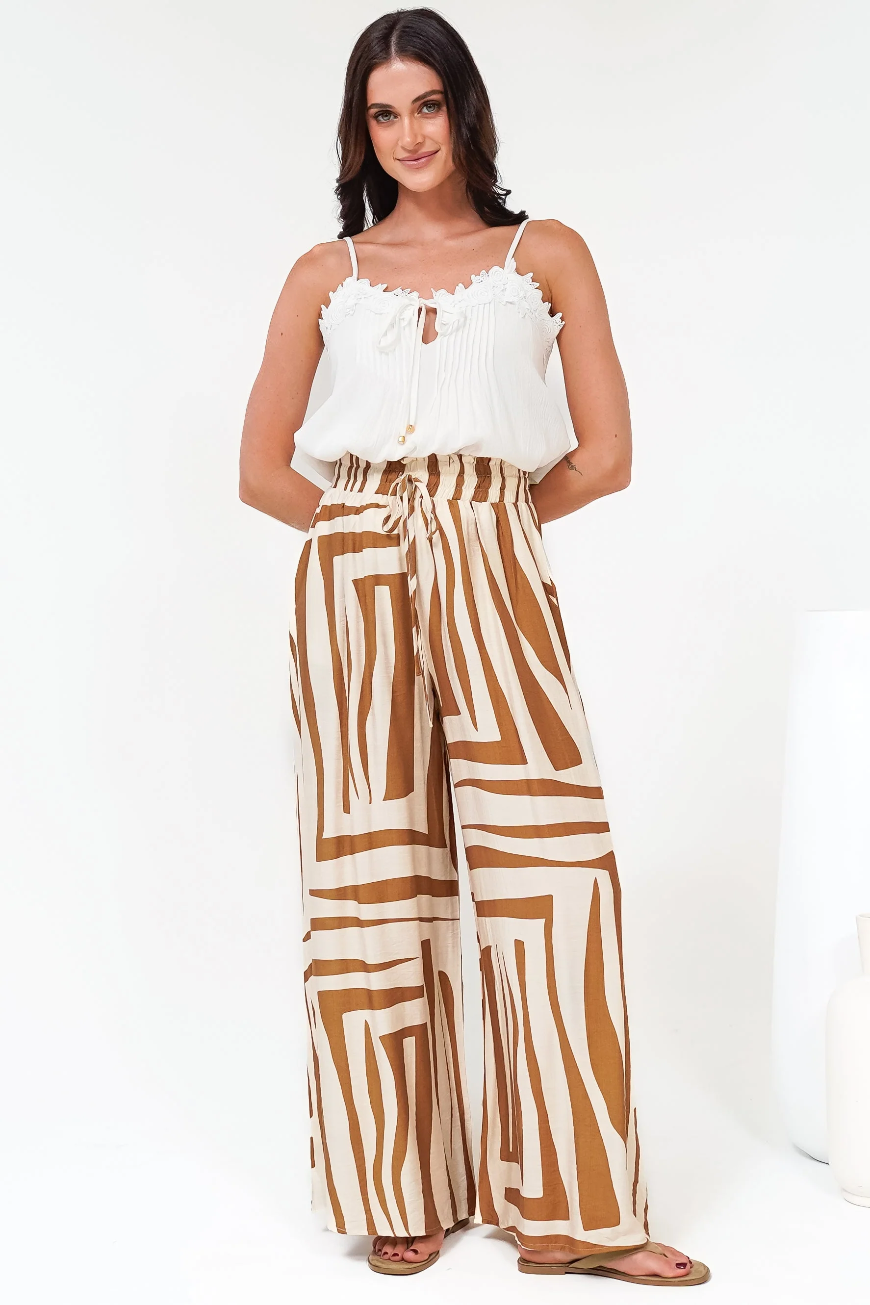 Saturday Pants - High Paperbag Waist Wide Leg Pants with Waist Tie in Tyla Print Tan - Image 5