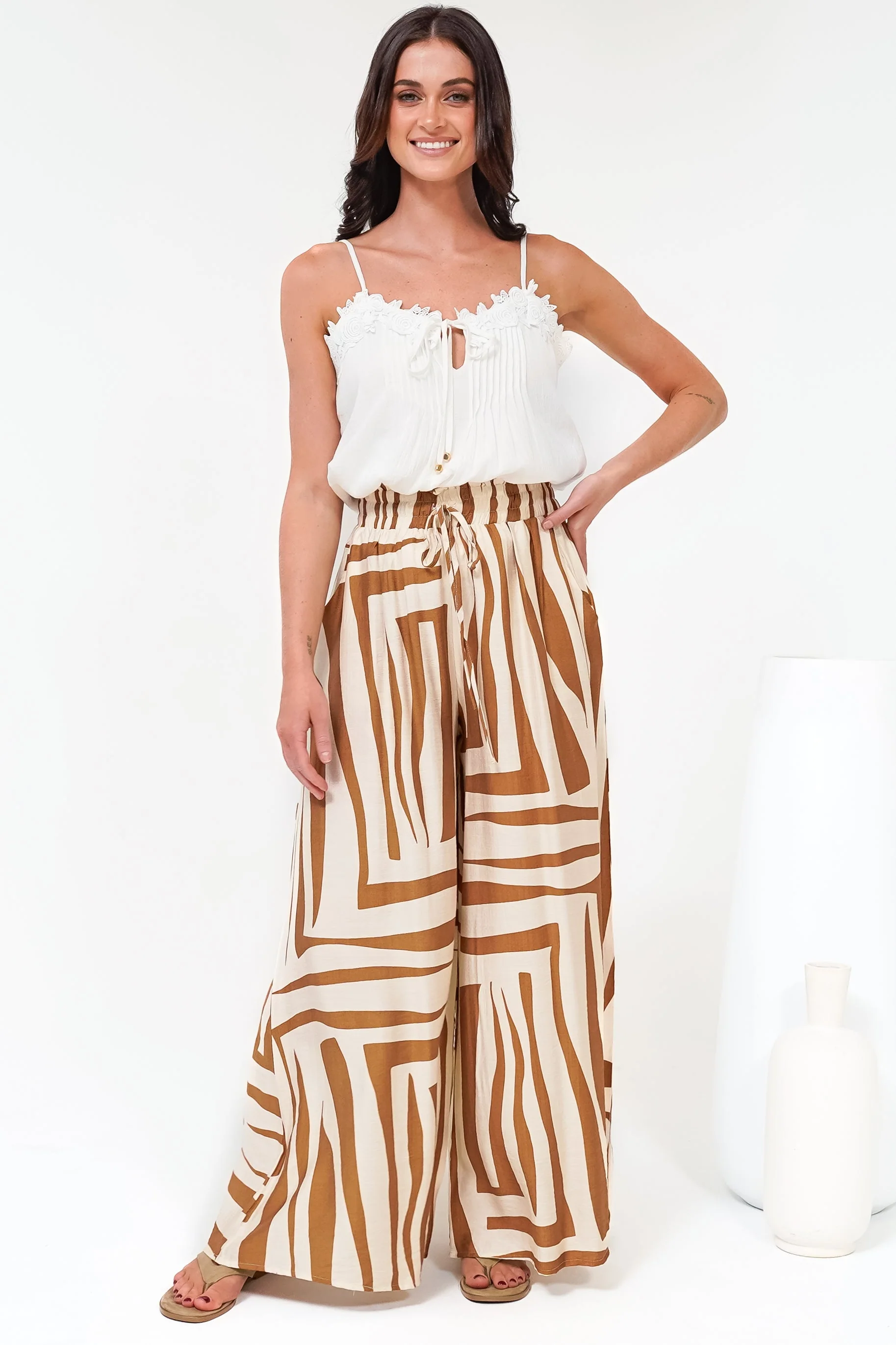 Saturday Pants - High Paperbag Waist Wide Leg Pants with Waist Tie in Tyla Print Tan - Image 6