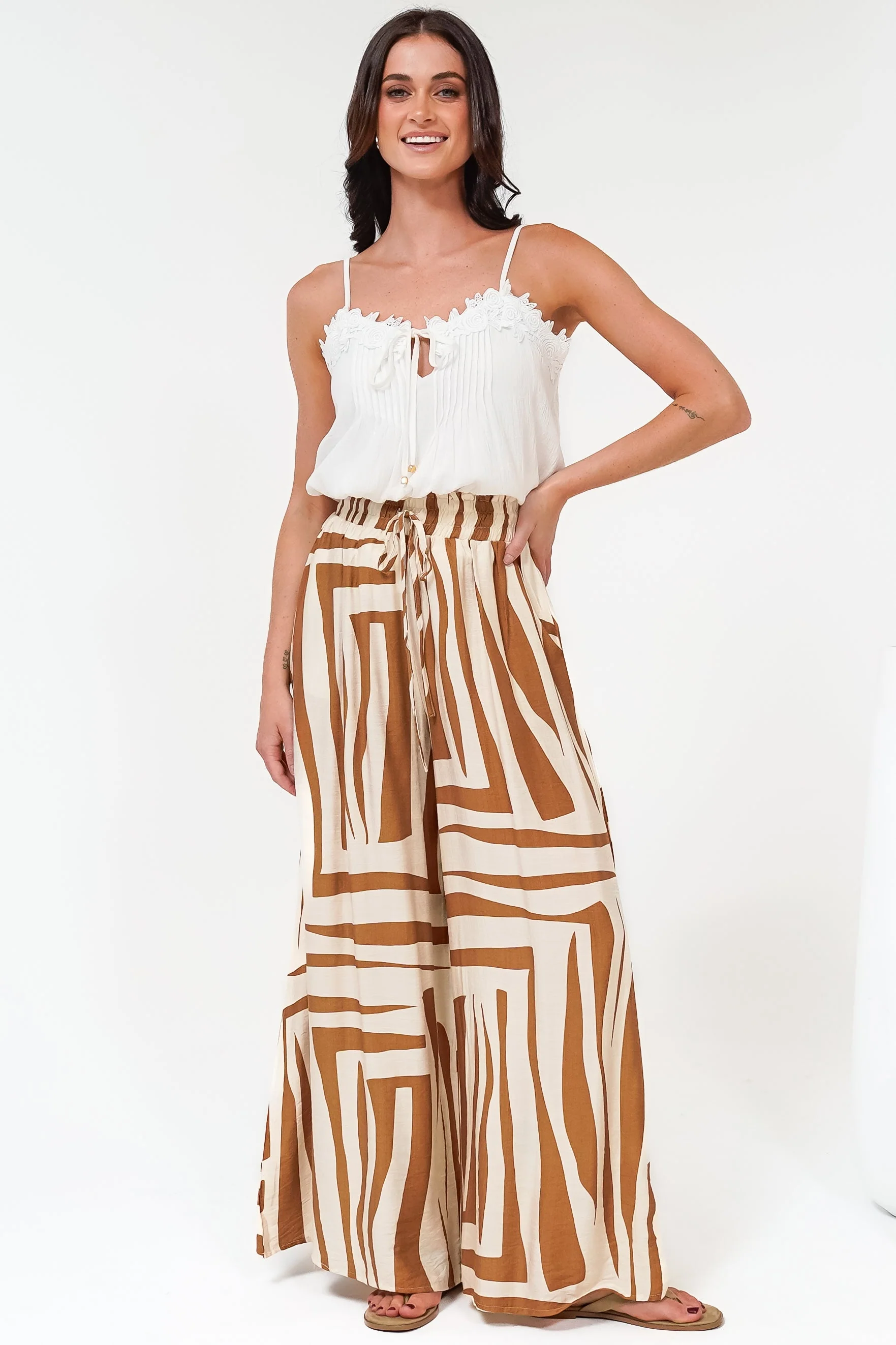 Saturday Pants - High Paperbag Waist Wide Leg Pants with Waist Tie in Tyla Print Tan - Image 7