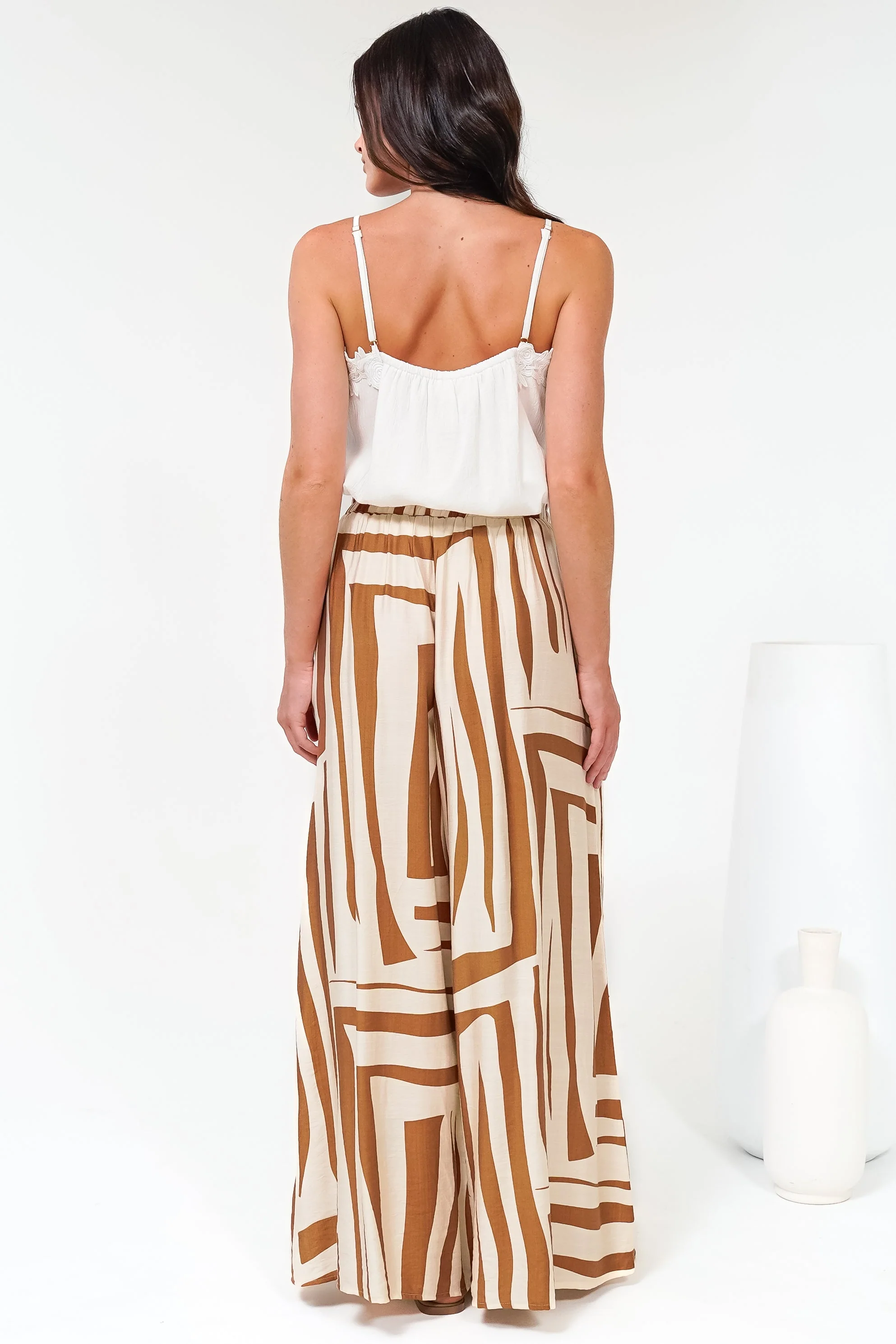 Saturday Pants - High Paperbag Waist Wide Leg Pants with Waist Tie in Tyla Print Tan - Image 9
