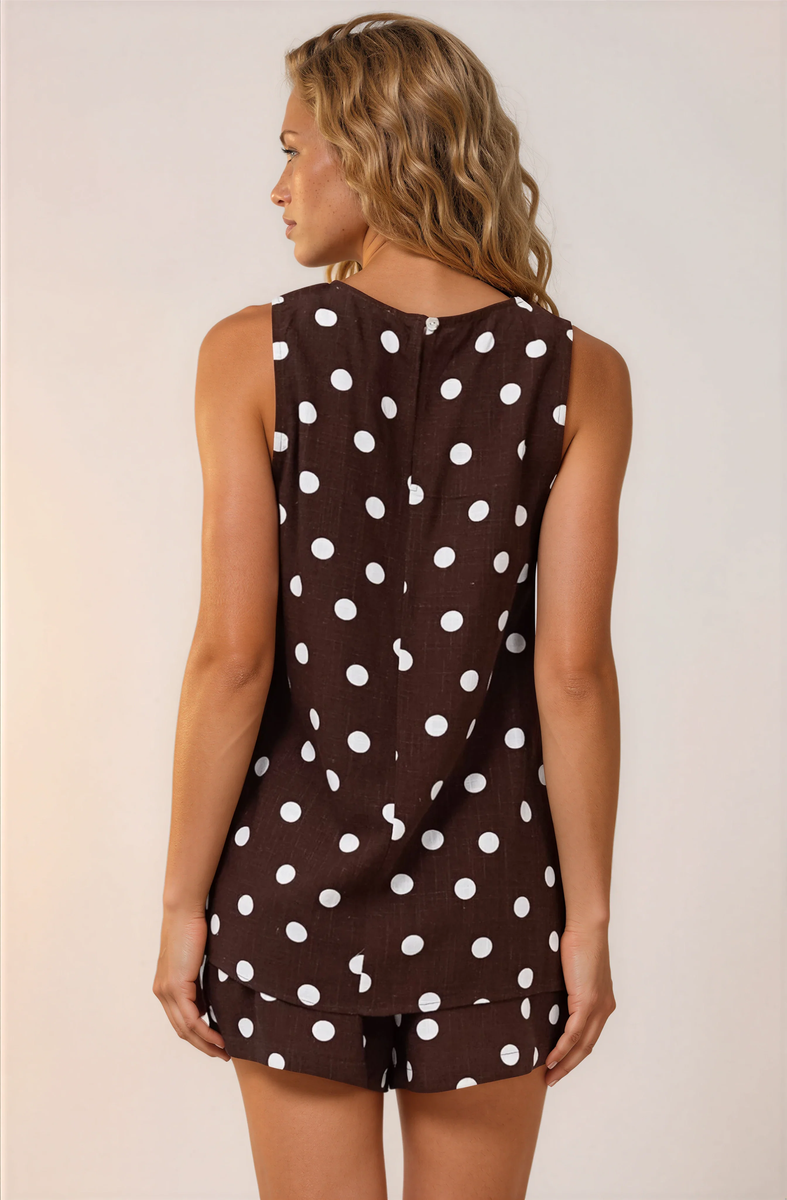 Saturn Set - Crew Neck Sleeveless Top with Side Splits and Drawstring Waist Shorts in Kitson Spot Print Chocolate - Image 8