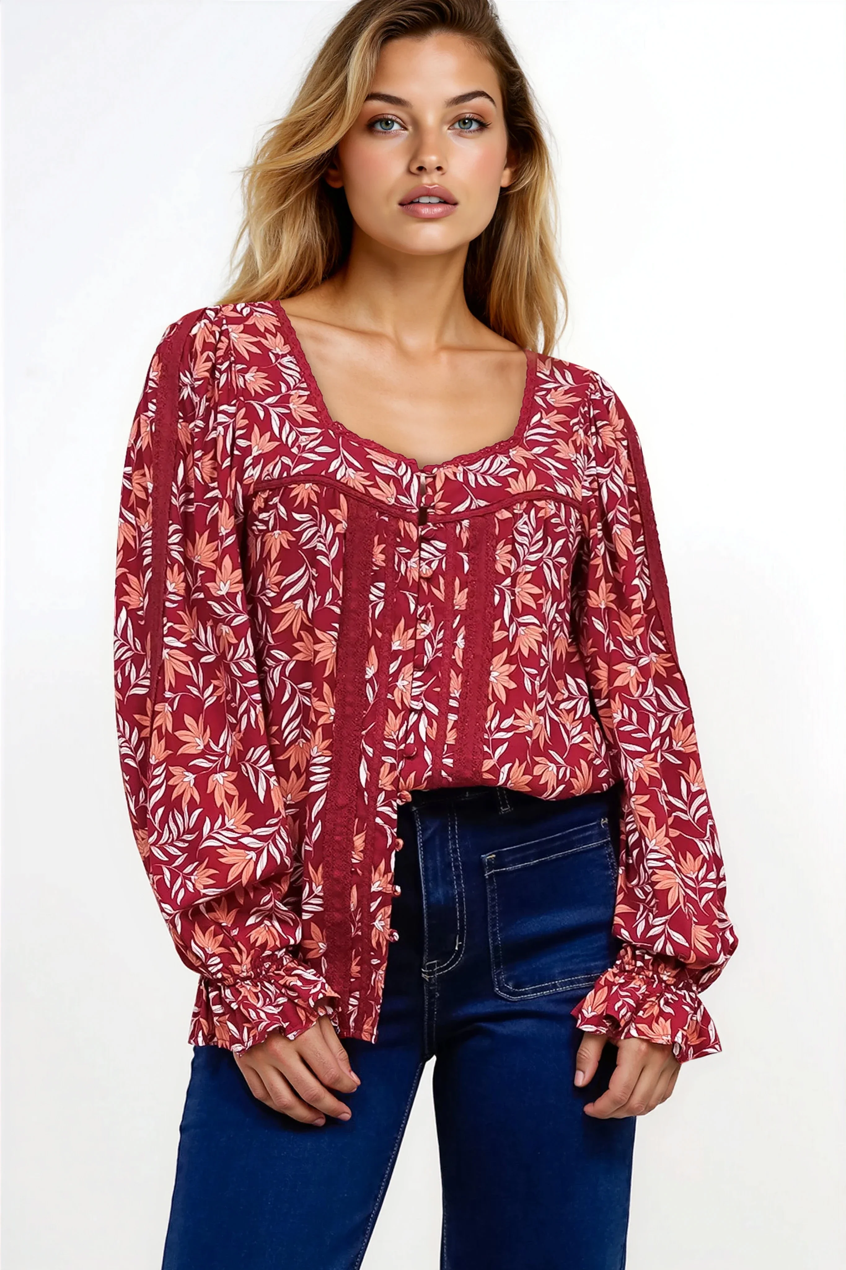 Savvy Blouse - Milkmaid Neckline Lace Trim Button Down in Roux Print - Image 2
