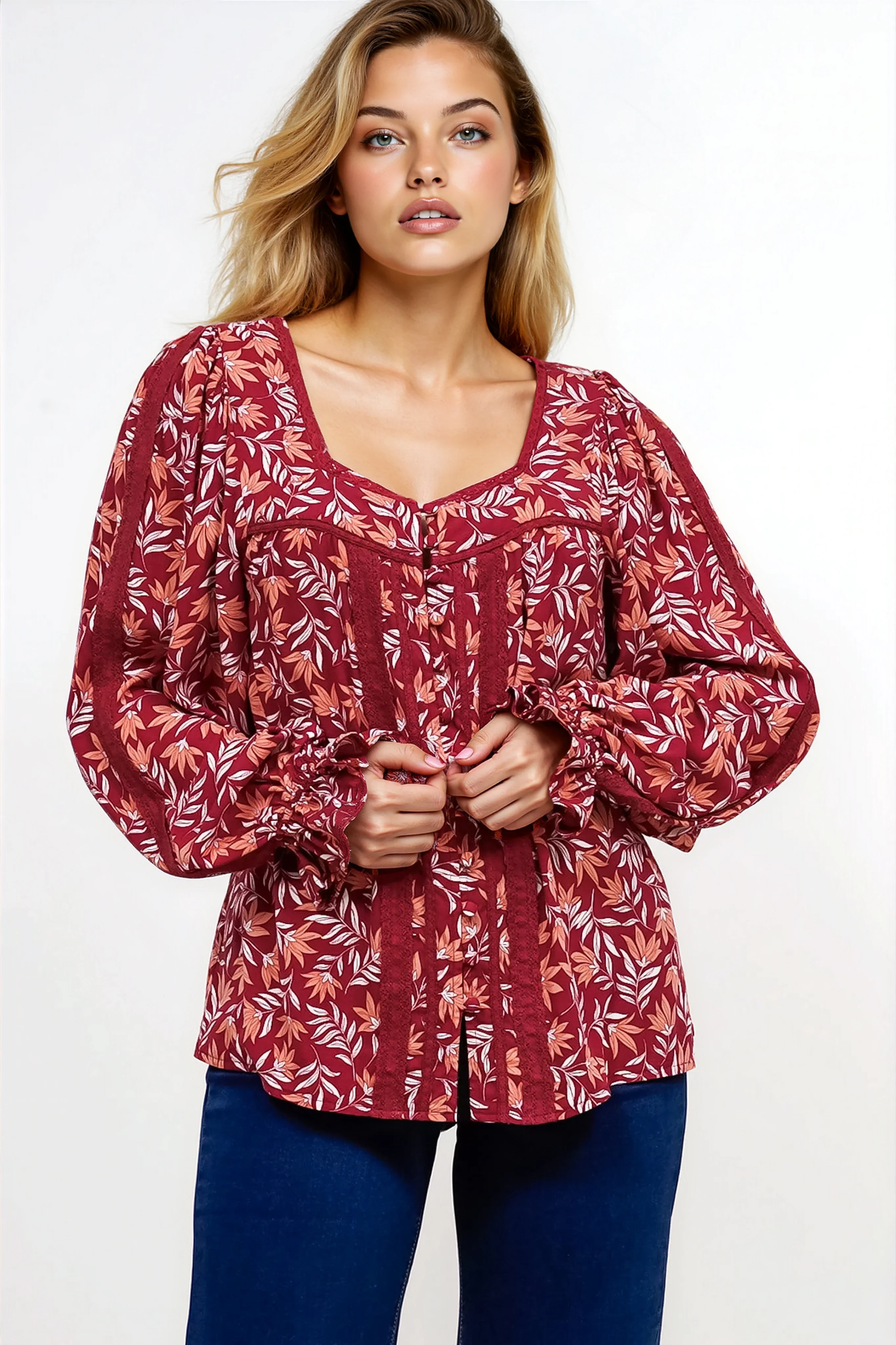 Savvy Blouse - Milkmaid Neckline Lace Trim Button Down in Roux Print - Image 3