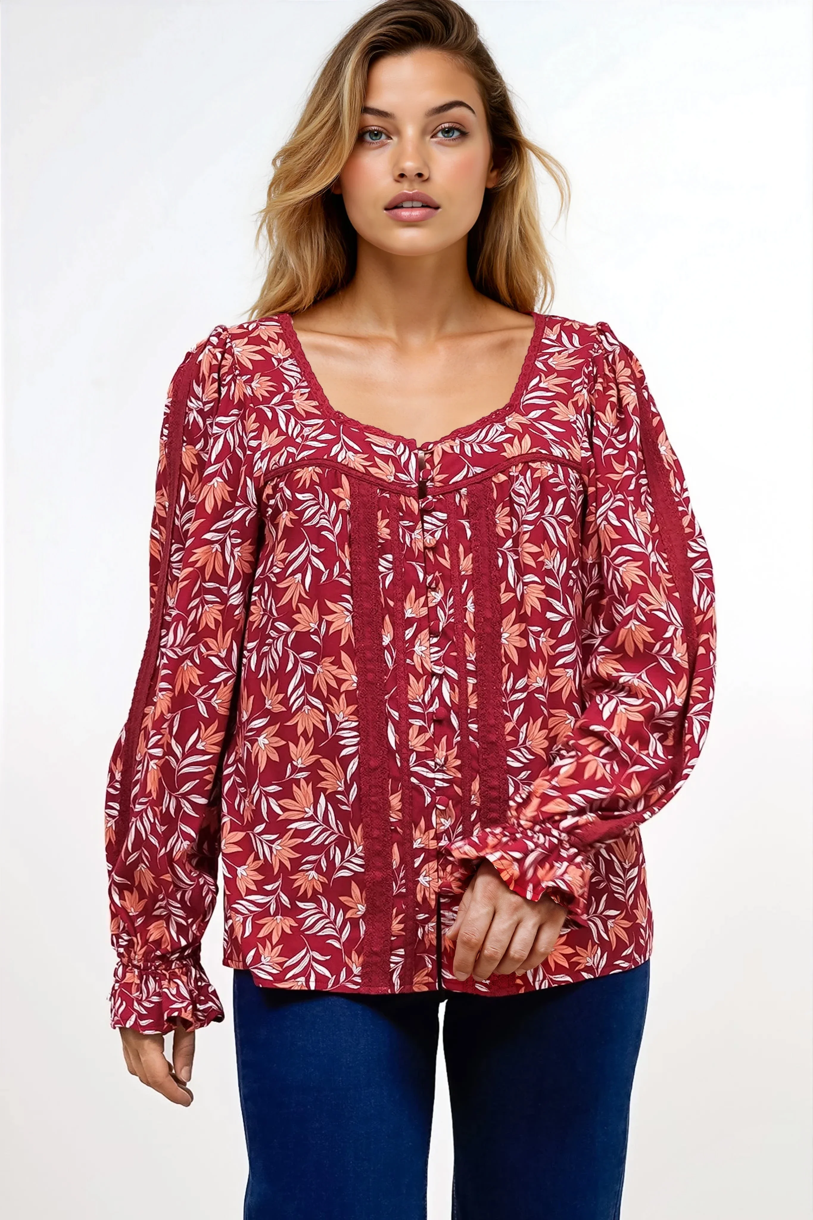 Savvy Blouse - Milkmaid Neckline Lace Trim Button Down in Roux Print - Image 4