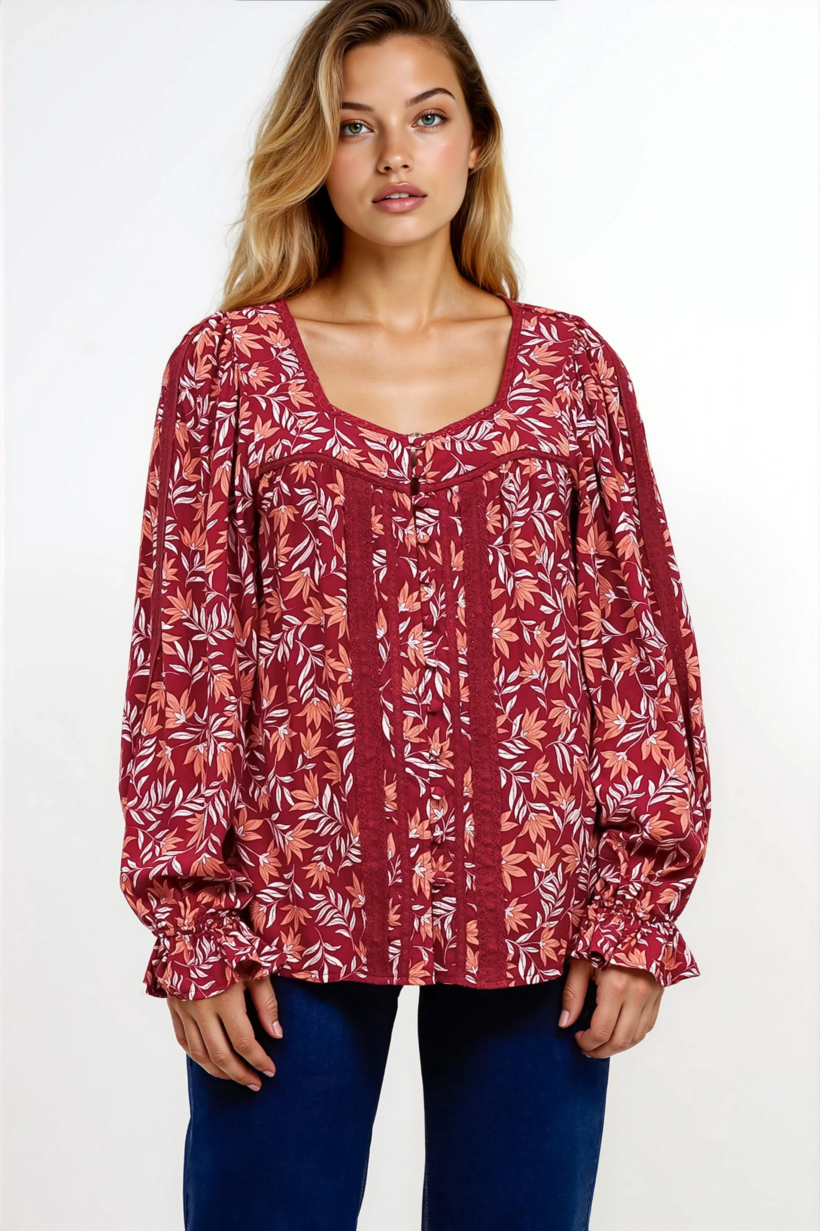 Savvy Blouse - Milkmaid Neckline Lace Trim Button Down in Roux Print - Image 5