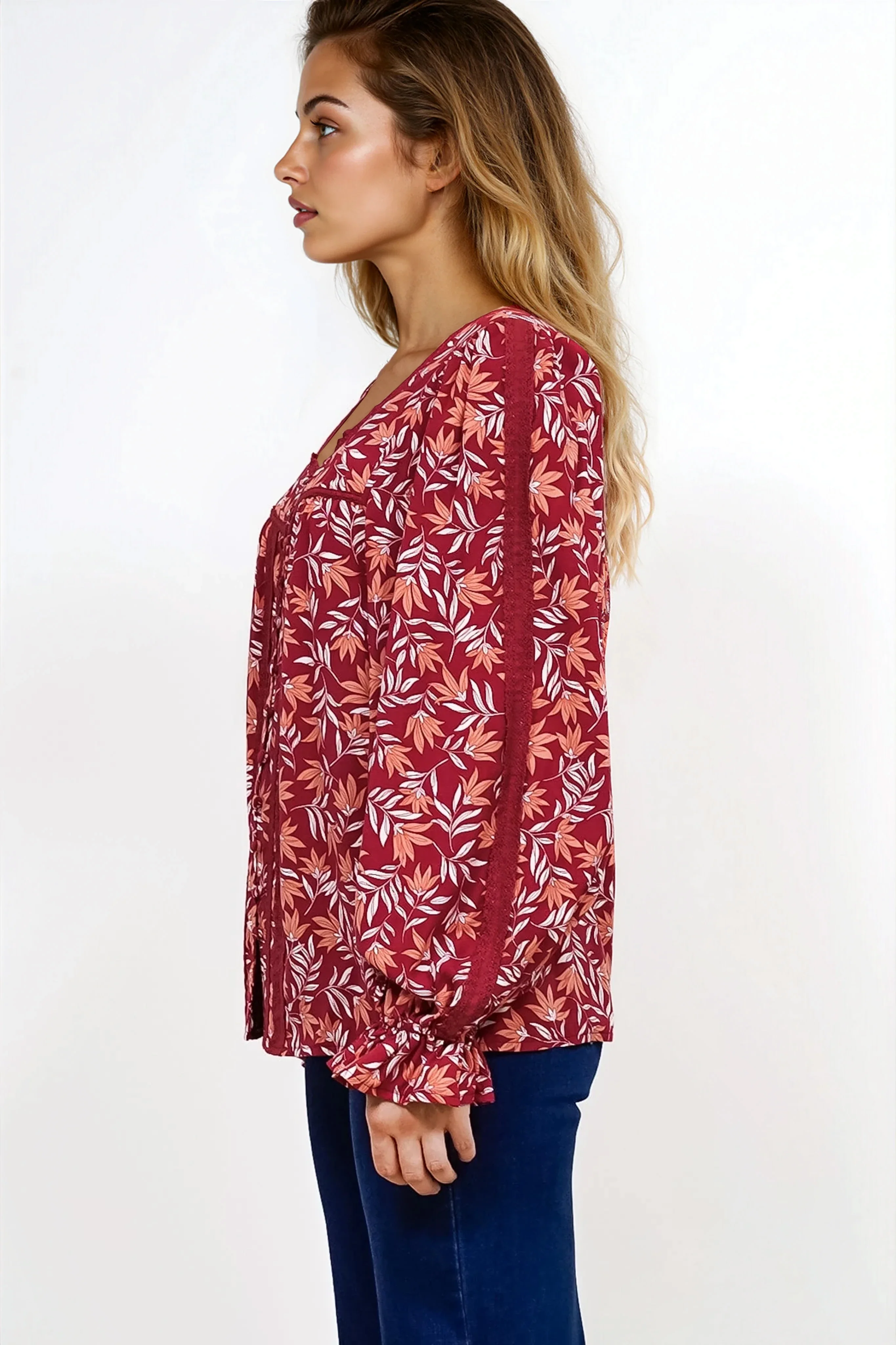Savvy Blouse - Milkmaid Neckline Lace Trim Button Down in Roux Print - Image 6