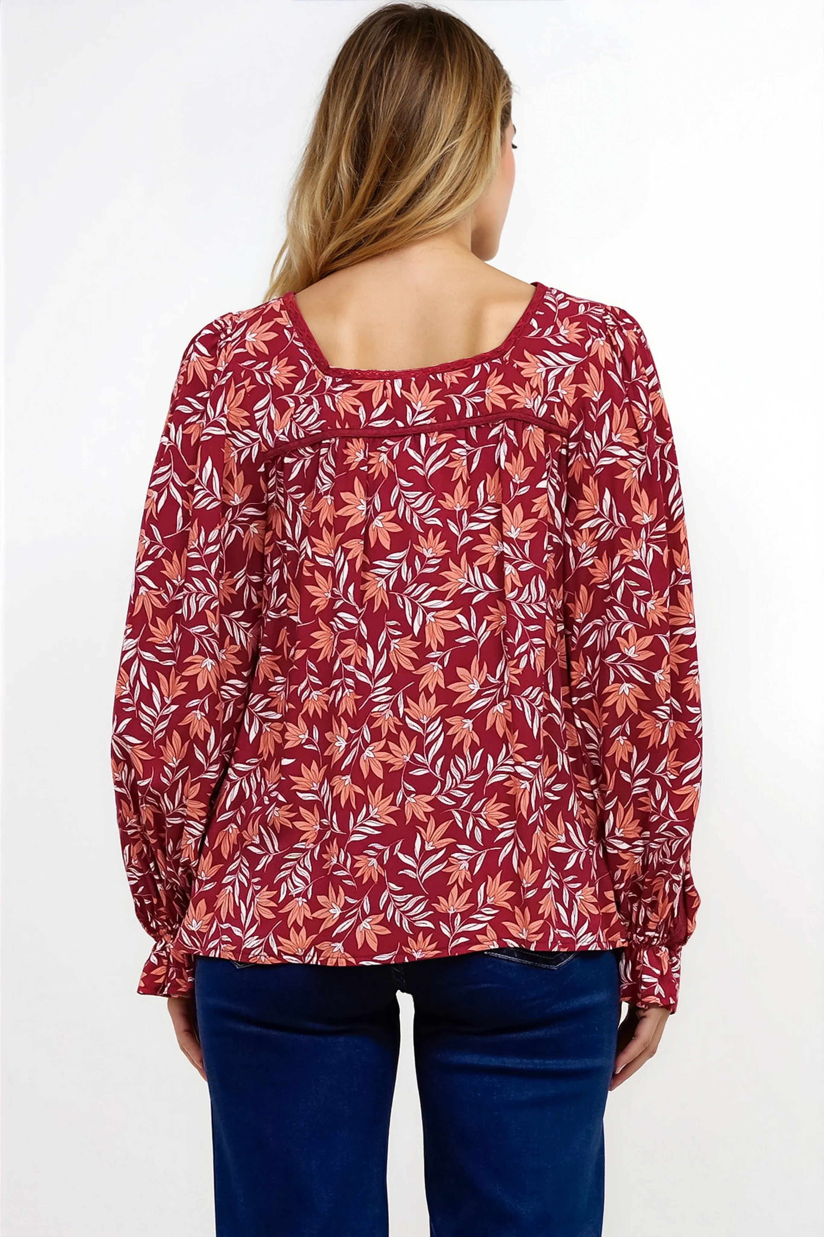 Savvy Blouse - Milkmaid Neckline Lace Trim Button Down in Roux Print - Image 7
