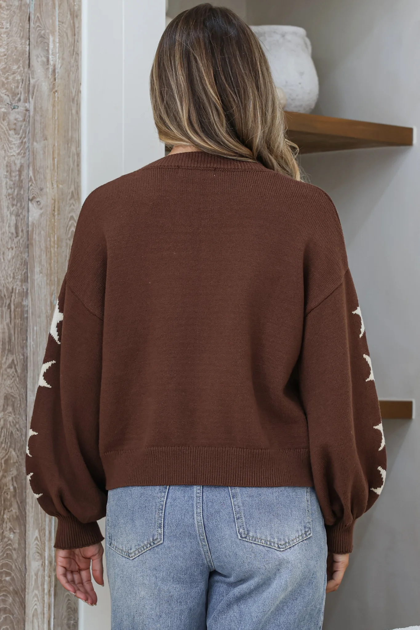 Scoot Jumper - Crew Neck Cowgirl Boot & Star Motif Knit with Balloon Sleeves in Chocolate - Image 10