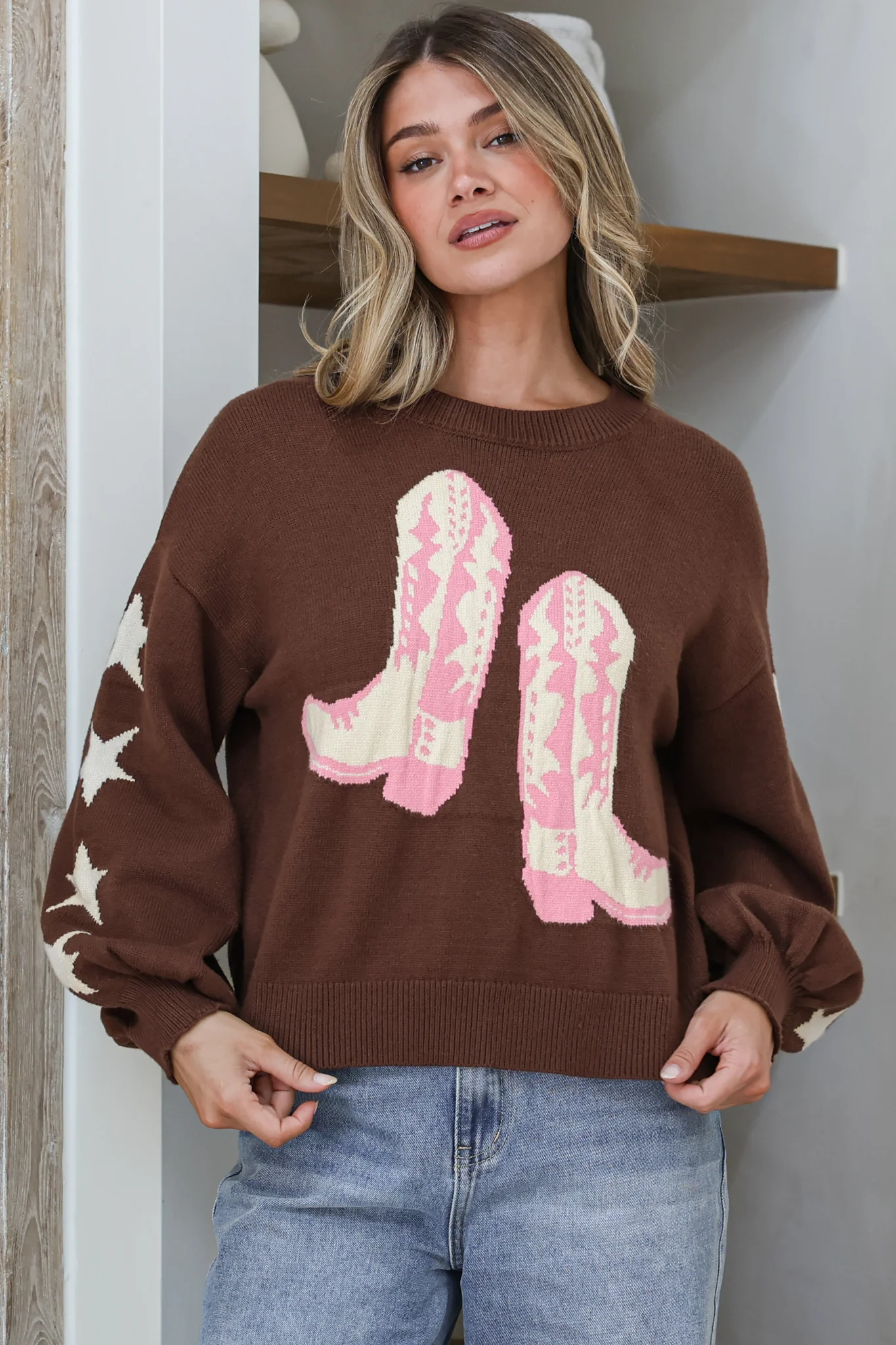 Scoot Jumper - Crew Neck Cowgirl Boot & Star Motif Knit with Balloon Sleeves in Chocolate - Image 3