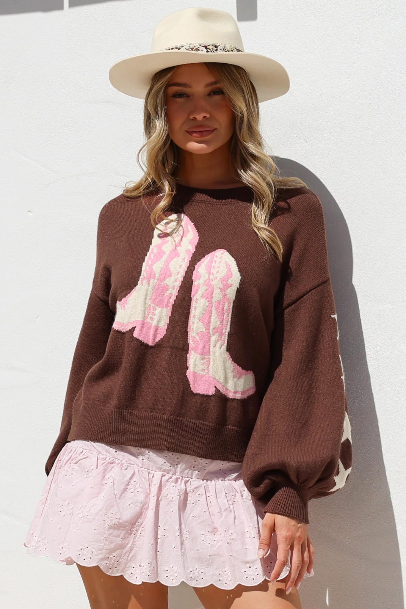 Scoot Jumper - Crew Neck Cowgirl Boot & Star Motif Knit with Balloon Sleeves in Chocolate - Image 4
