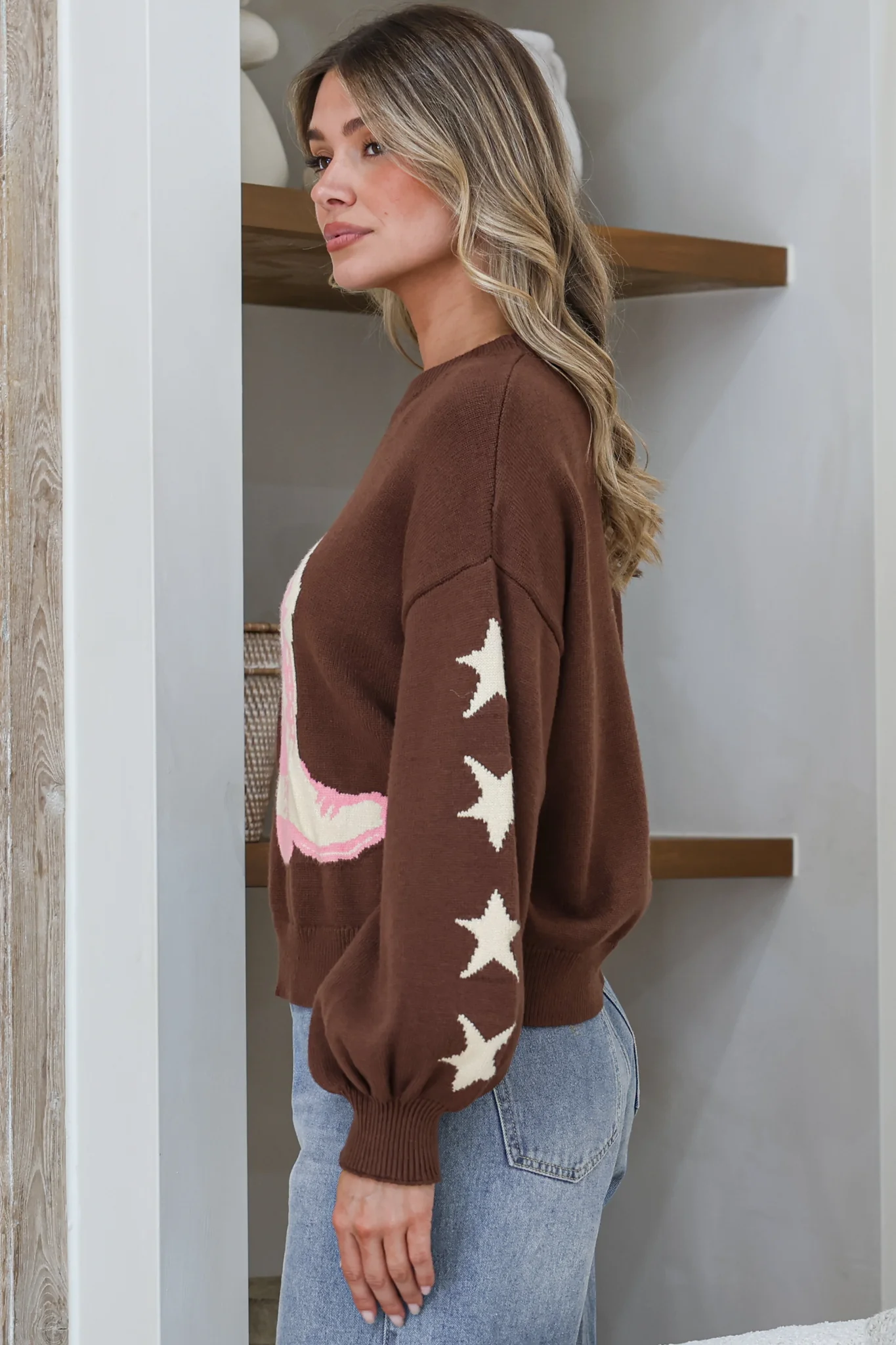 Scoot Jumper - Crew Neck Cowgirl Boot & Star Motif Knit with Balloon Sleeves in Chocolate - Image 9